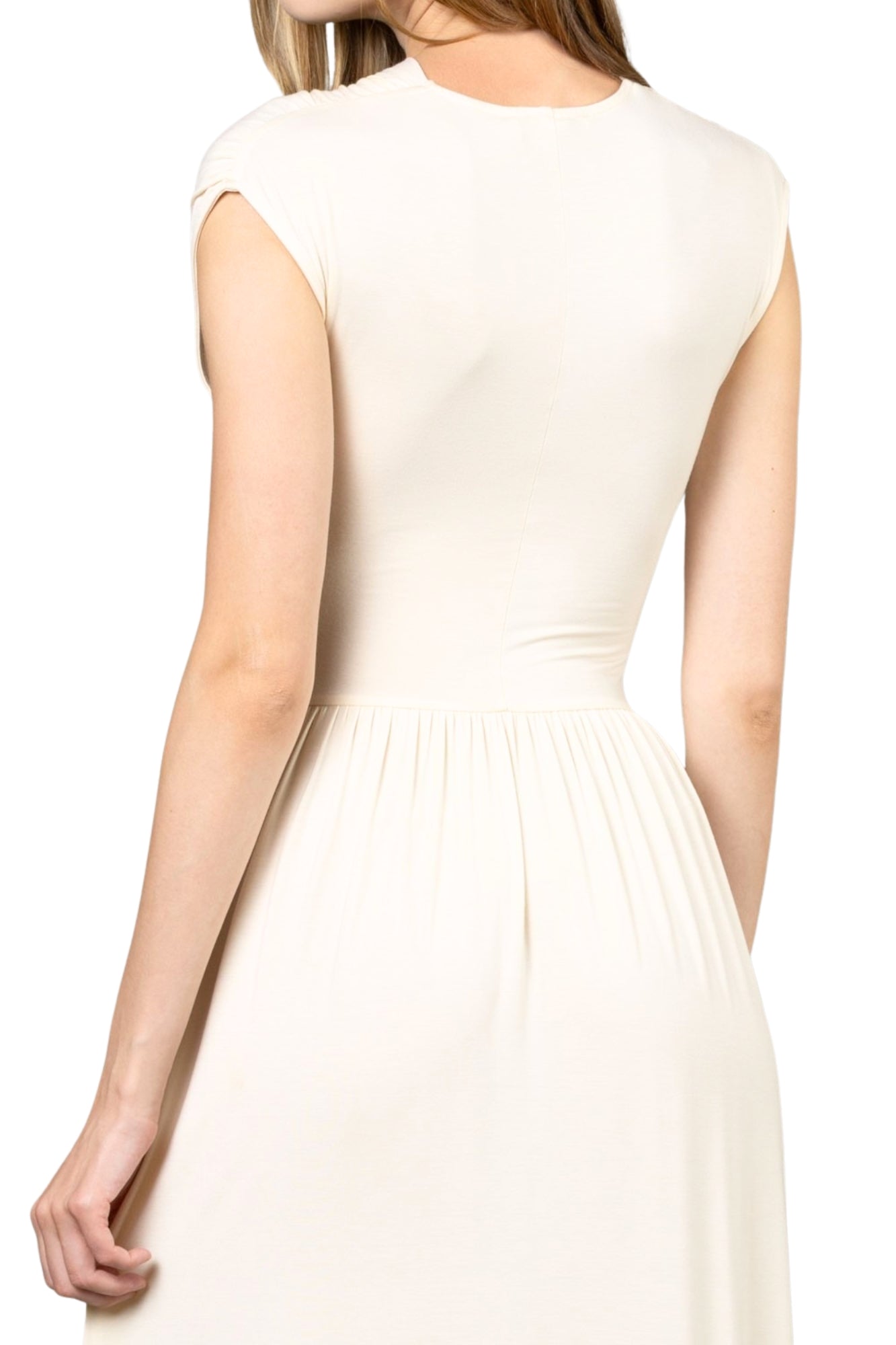 KNIT OVERLAP SHIRRED MAXI DRESS