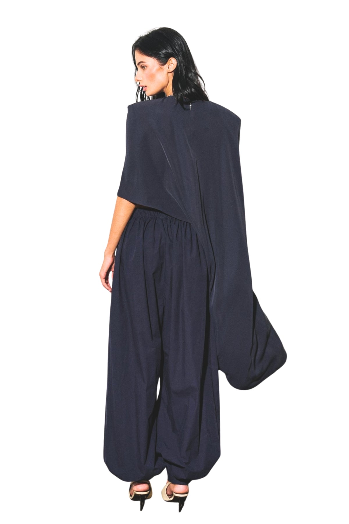 WOVEN DRAPED BALLOON HAREM PANTS - NAVY