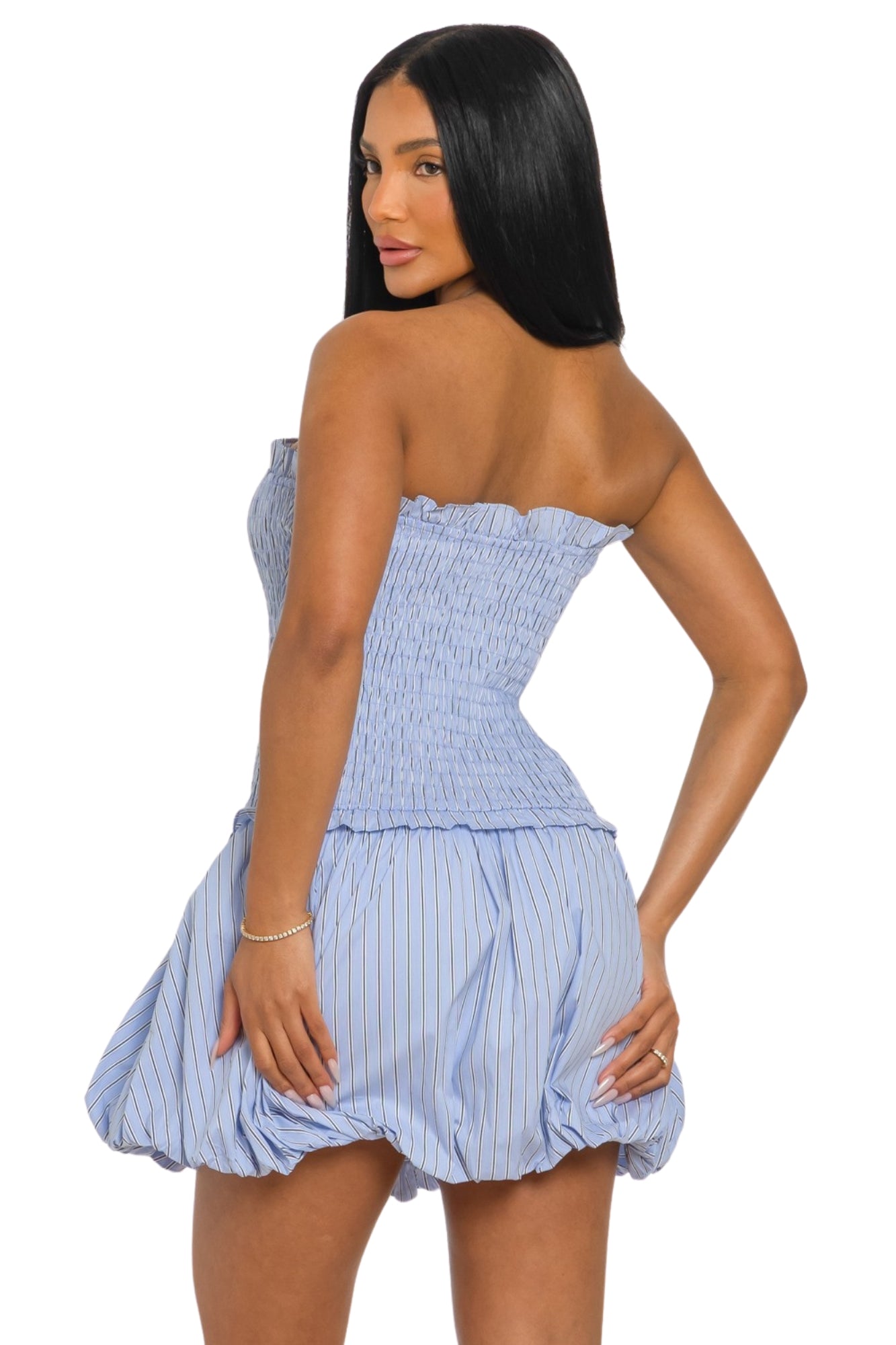 SMOCKED BUBBLE HEM MINI DRESS