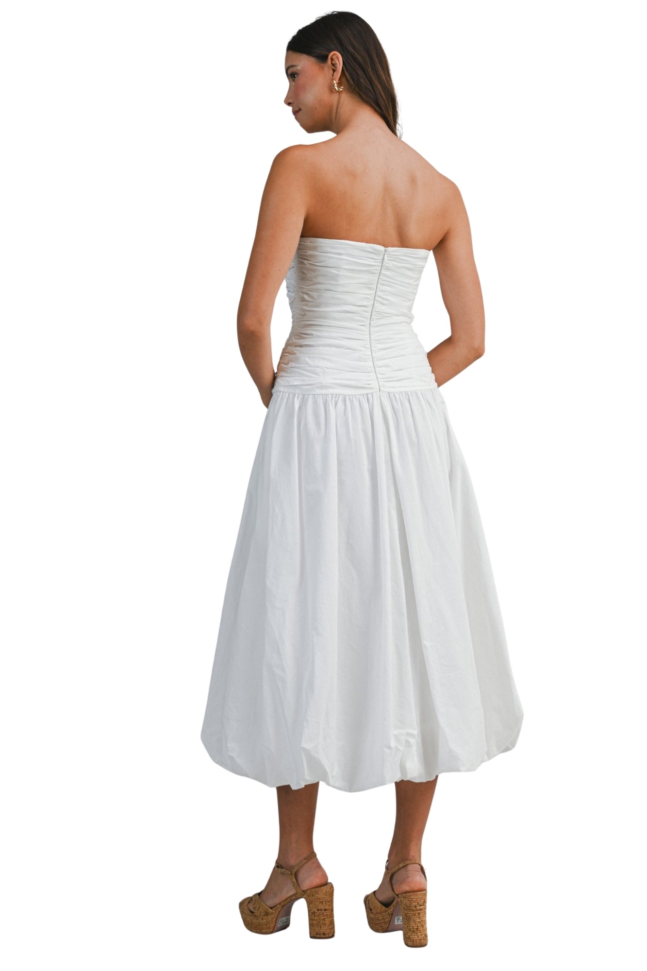 STRAPLESS RUCHED BODICE DROPPED WAIST BUBBLE HEM MIDI DRESS