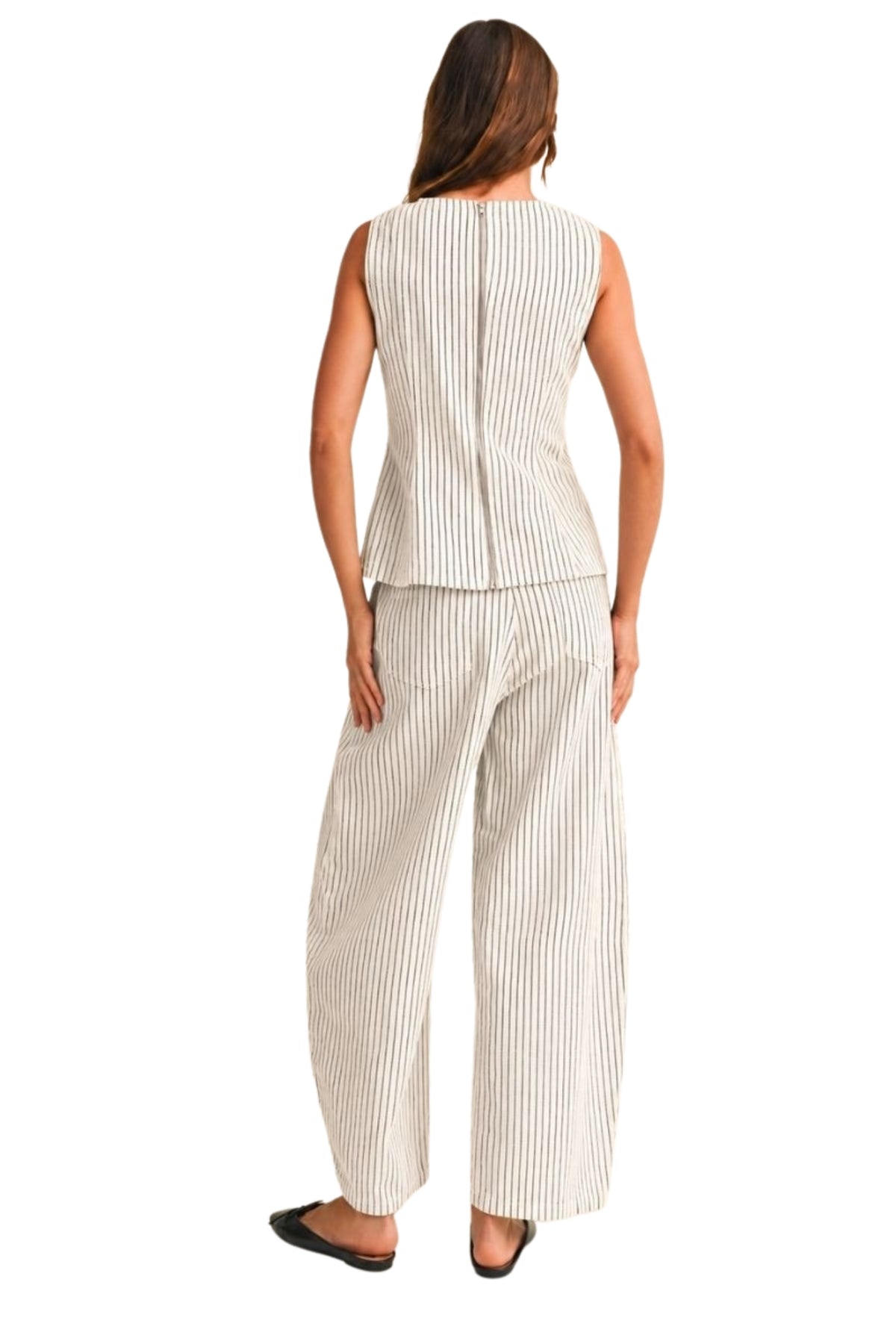 STRIPE SLEEVELESS PEPLUM TOP AND BARREL PANTS