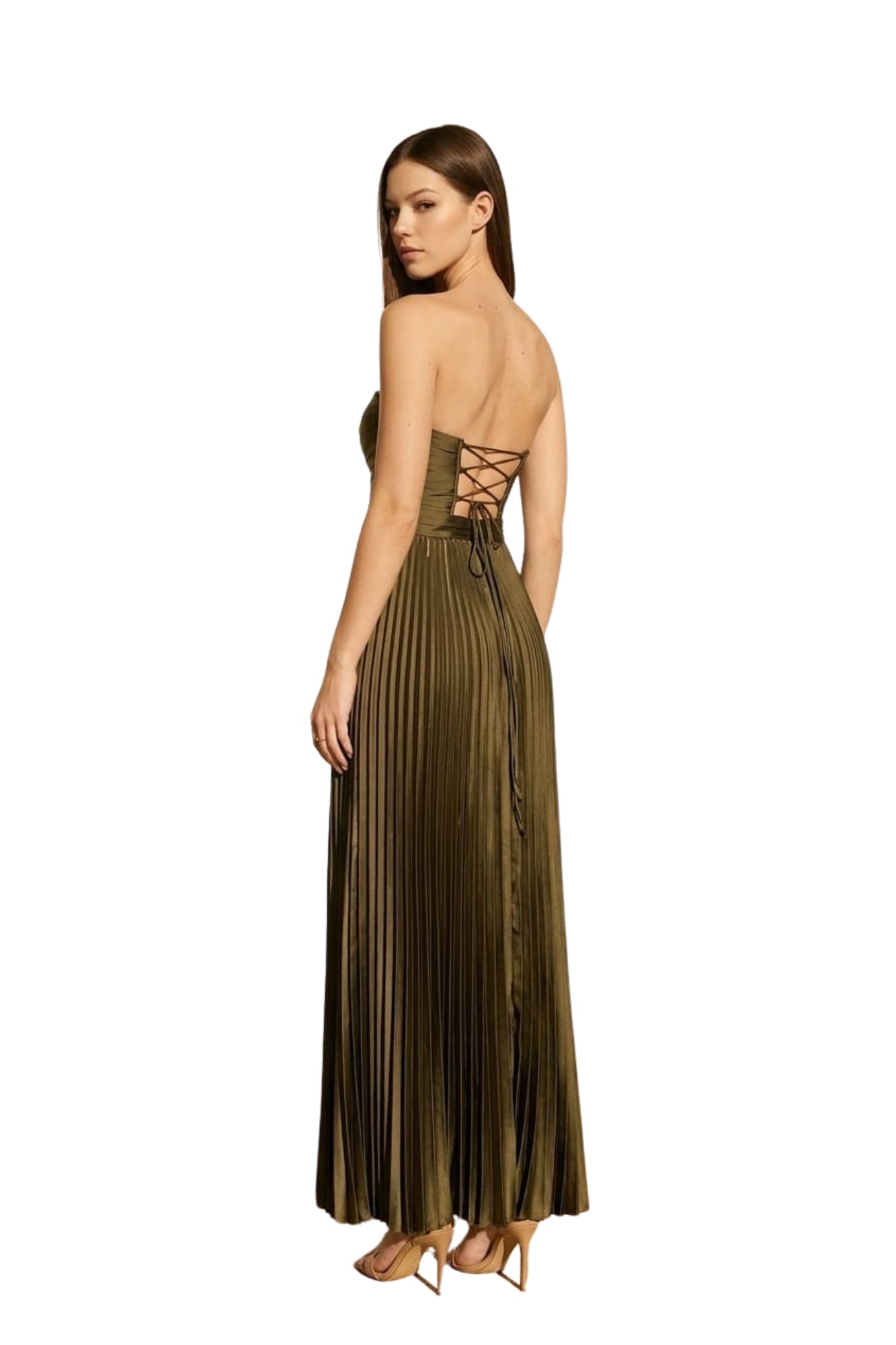 PLEATED SATIN LACE UP BACK MAXI DRESS