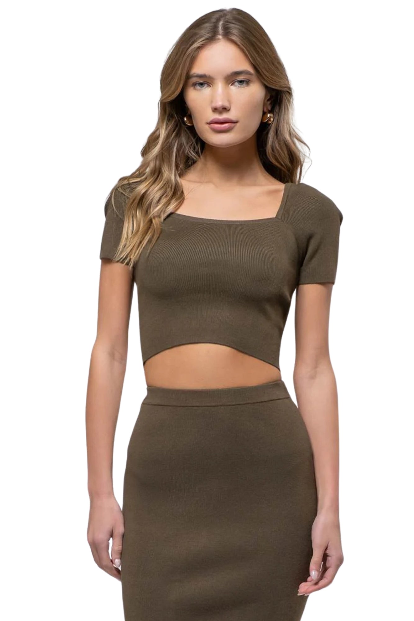 SQUARE NECK TOP & HIGH WAIST MIDI SKIRT SET - OLIVE