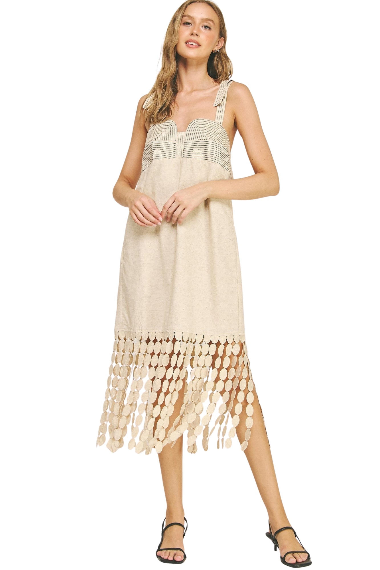 DOTTED LACE FRINGE LINEN MIDI DRESS