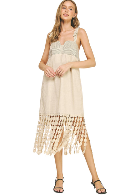 DOTTED LACE FRINGE LINEN MIDI DRESS