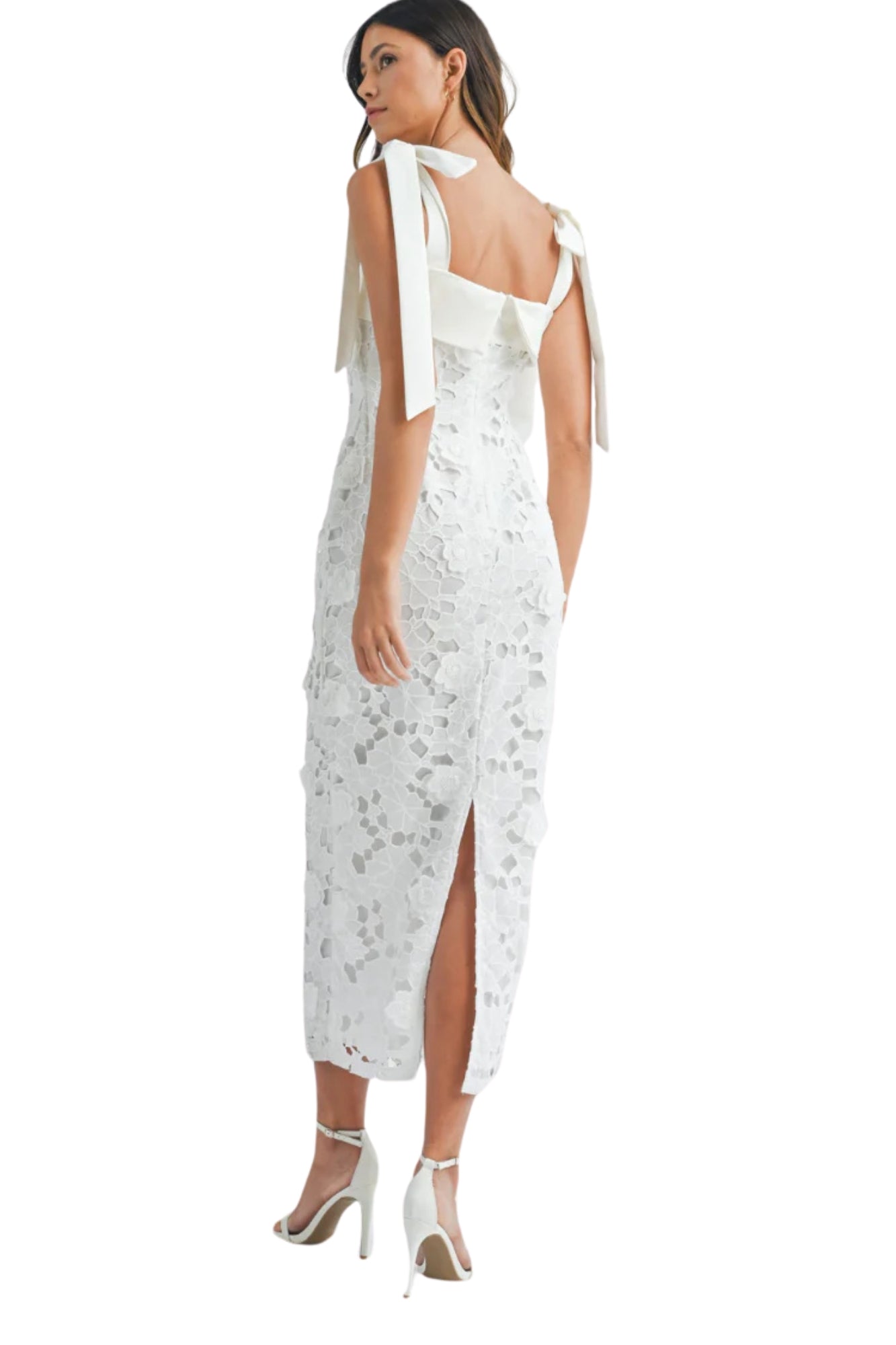 SHOULDER STRAP LACE FLORAL MIDI DRESS
