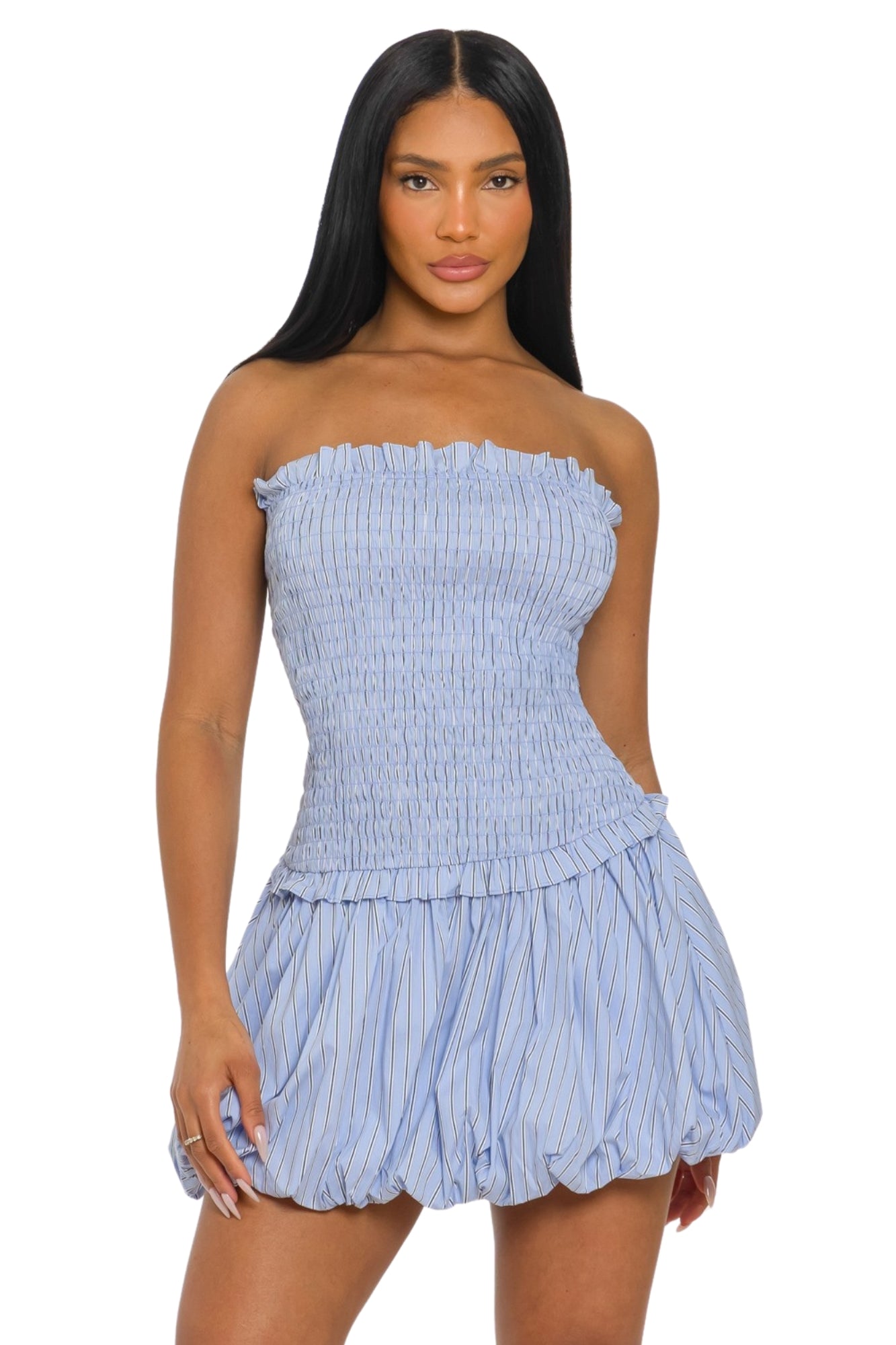 SMOCKED BUBBLE HEM MINI DRESS