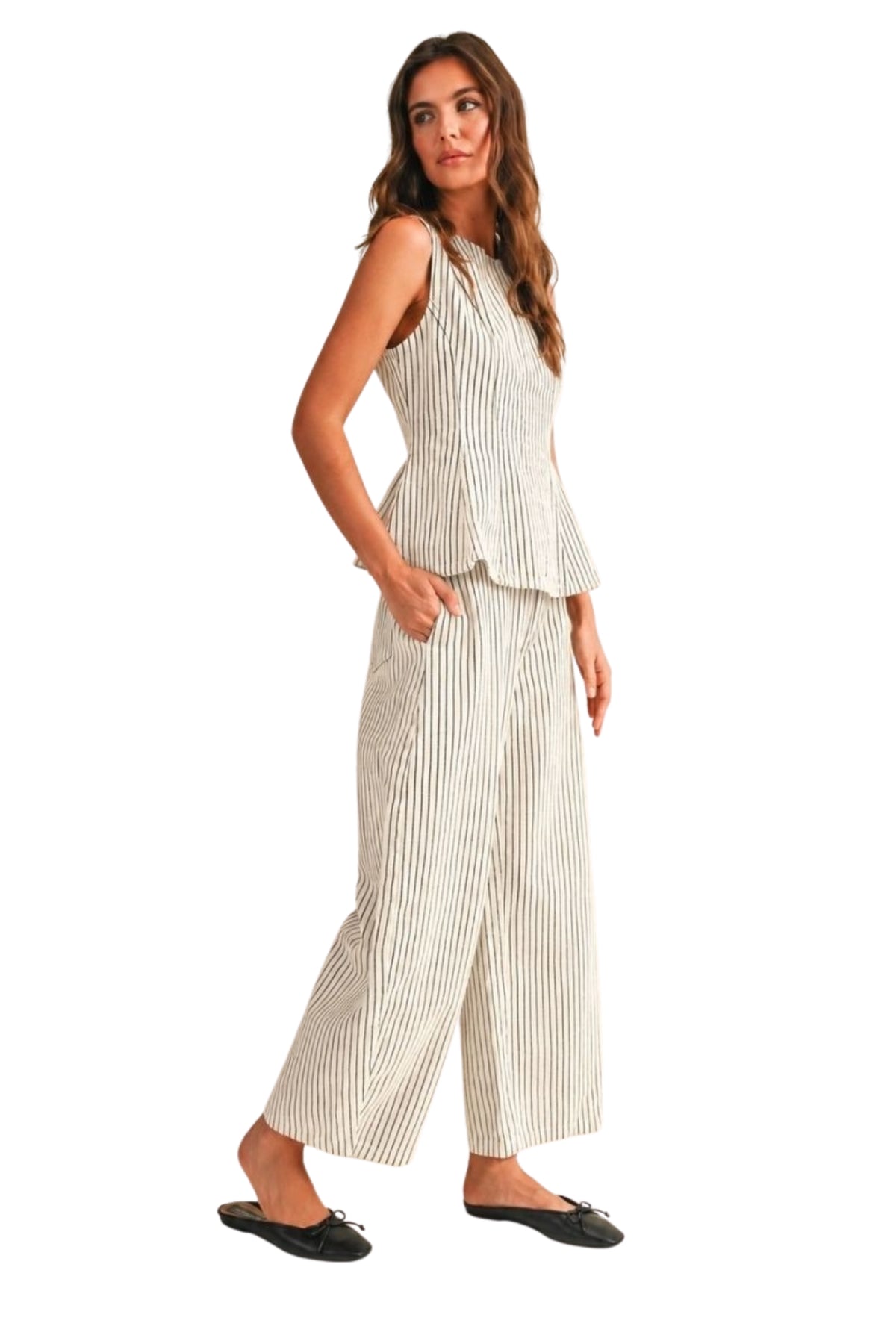 STRIPE SLEEVELESS PEPLUM TOP AND BARREL PANTS