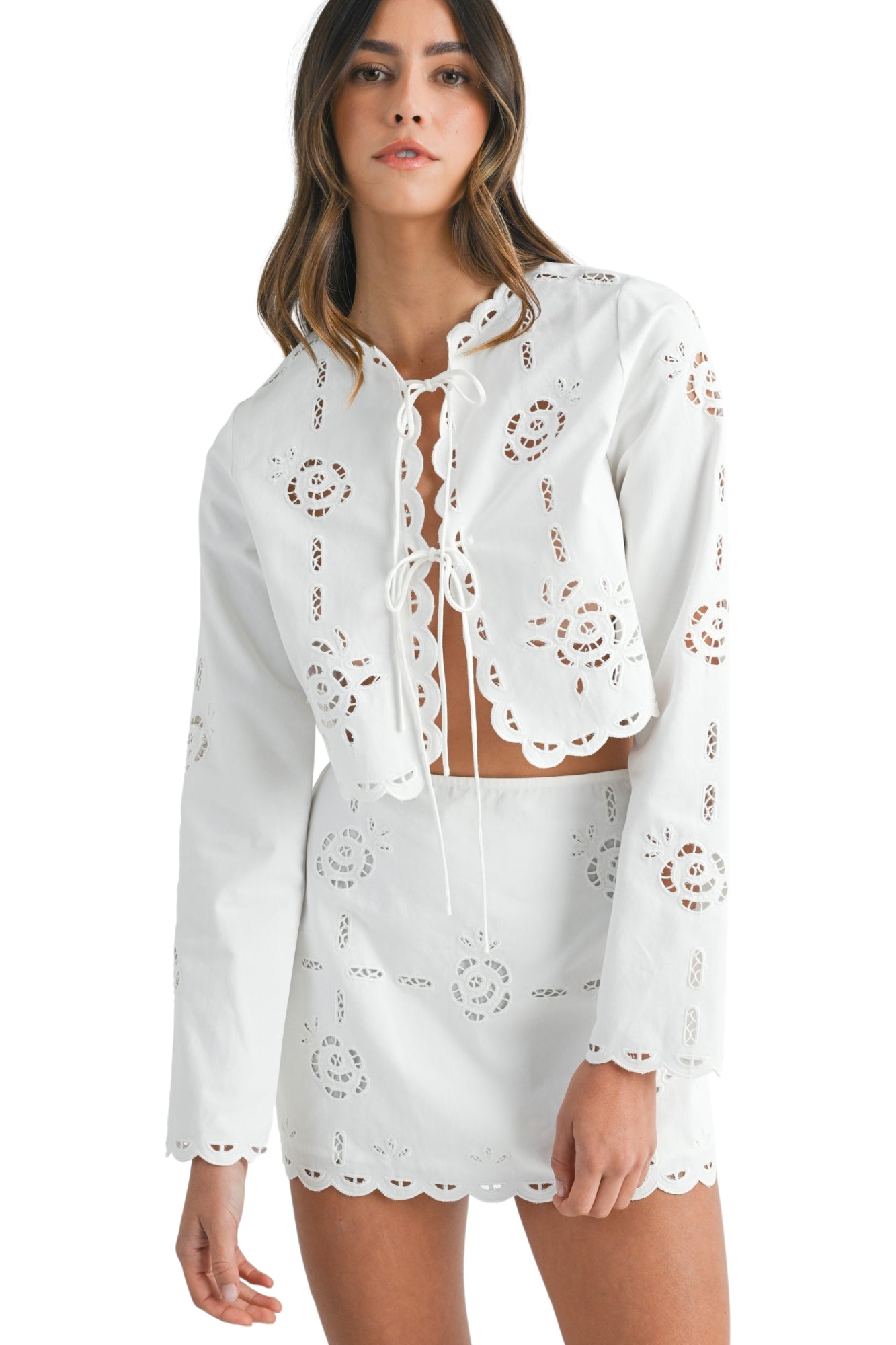 CUTOUT EMBROIDERED JACKET & SKIRT SET