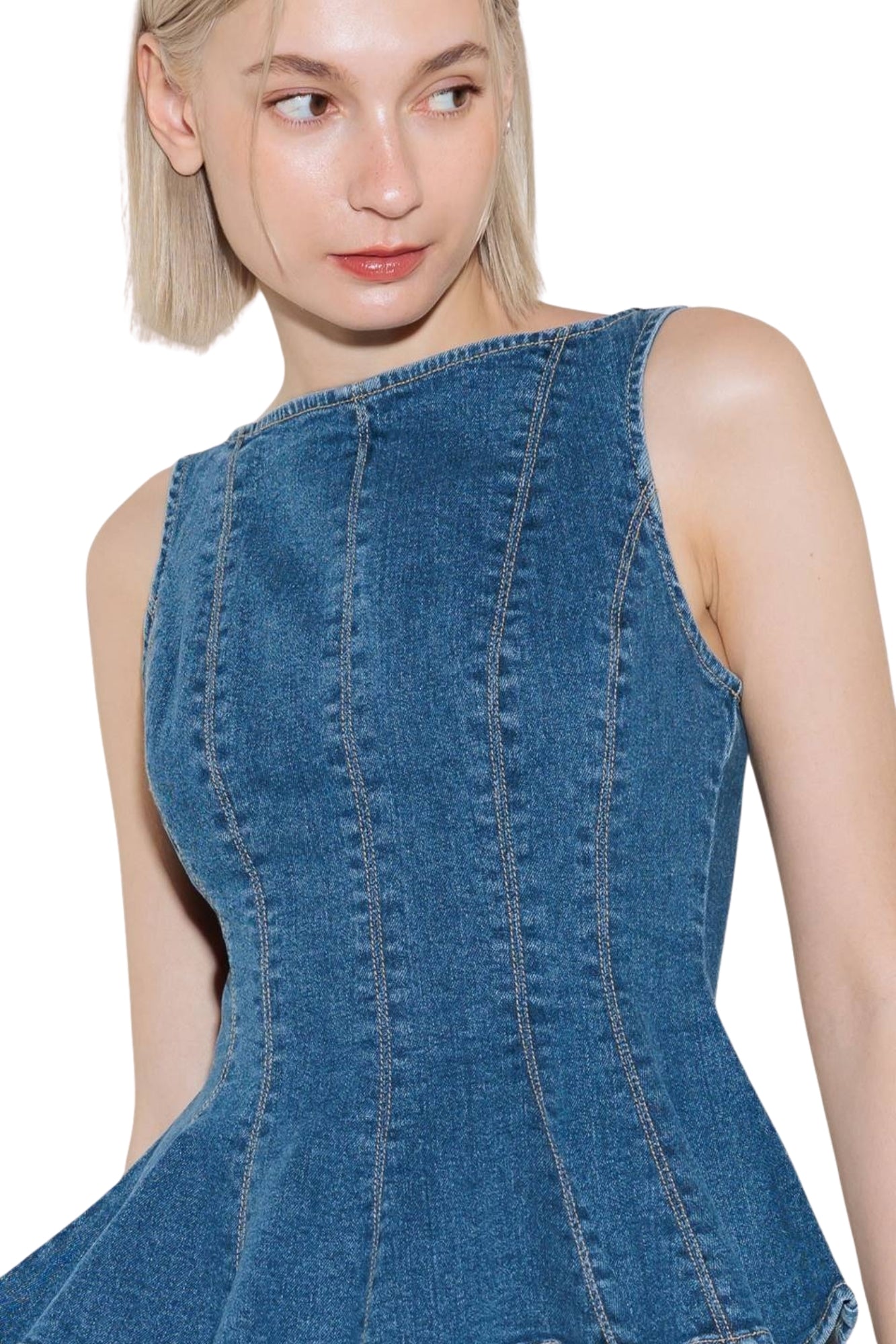 WASHED DENIM PEPLUM TOP