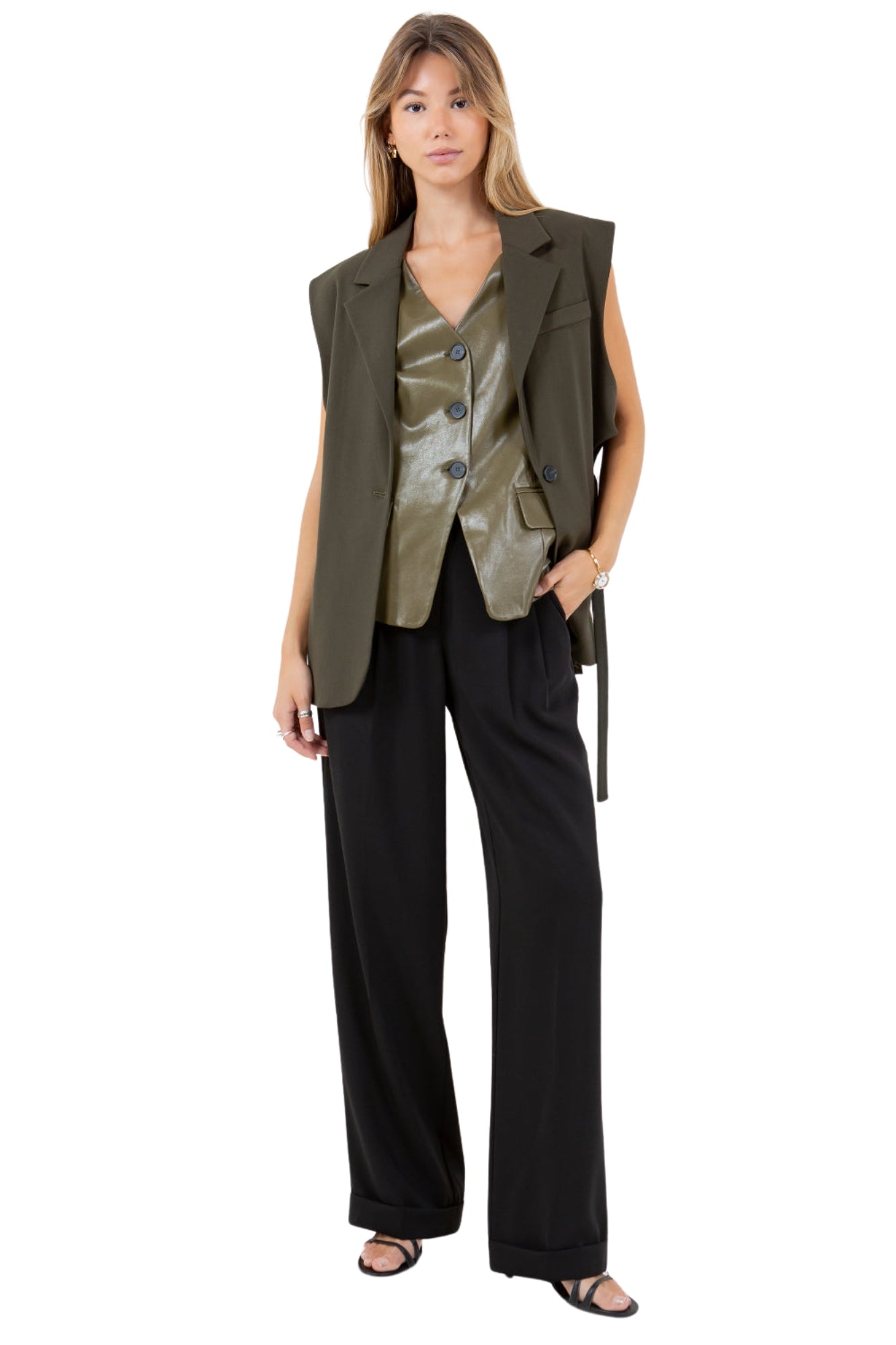 PU CONTRASTED DOUBLE LAYER LINE VEST