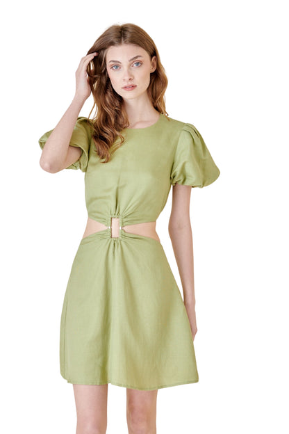 PUFF SLEEEVE CUTOUT MIDRIFF BRAIDED MINI DRESS