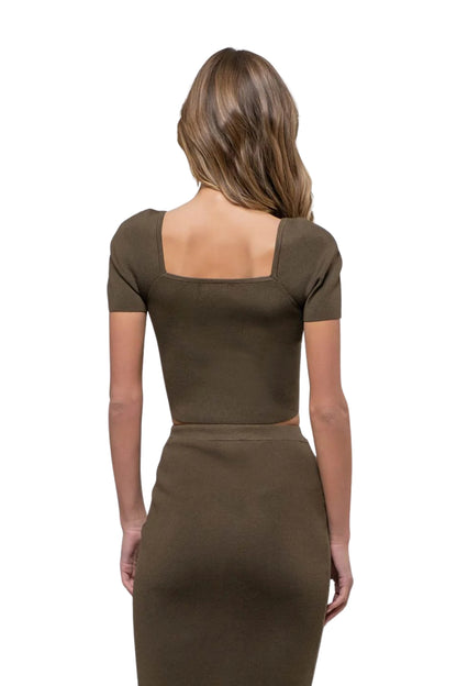 SQUARE NECK TOP & HIGH WAIST MIDI SKIRT SET - OLIVE