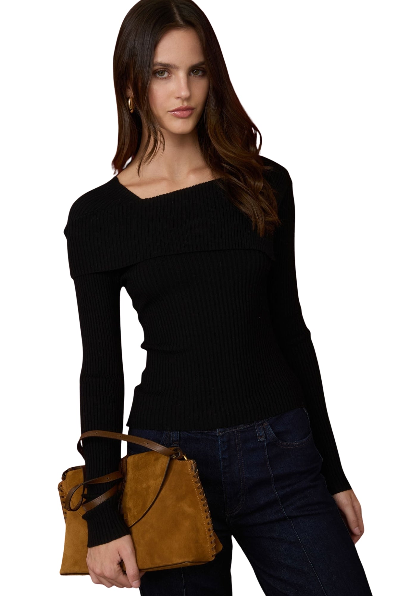 ASYMMETRICAL FOLD OVER SWEATER - BLACK