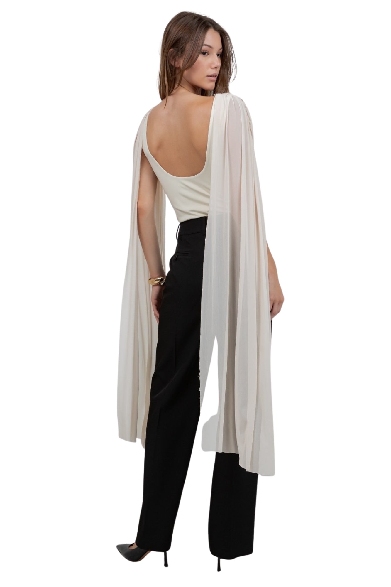 KNITTED BODYSUIT WITH CONTRAST MESH DRAPE CAPE