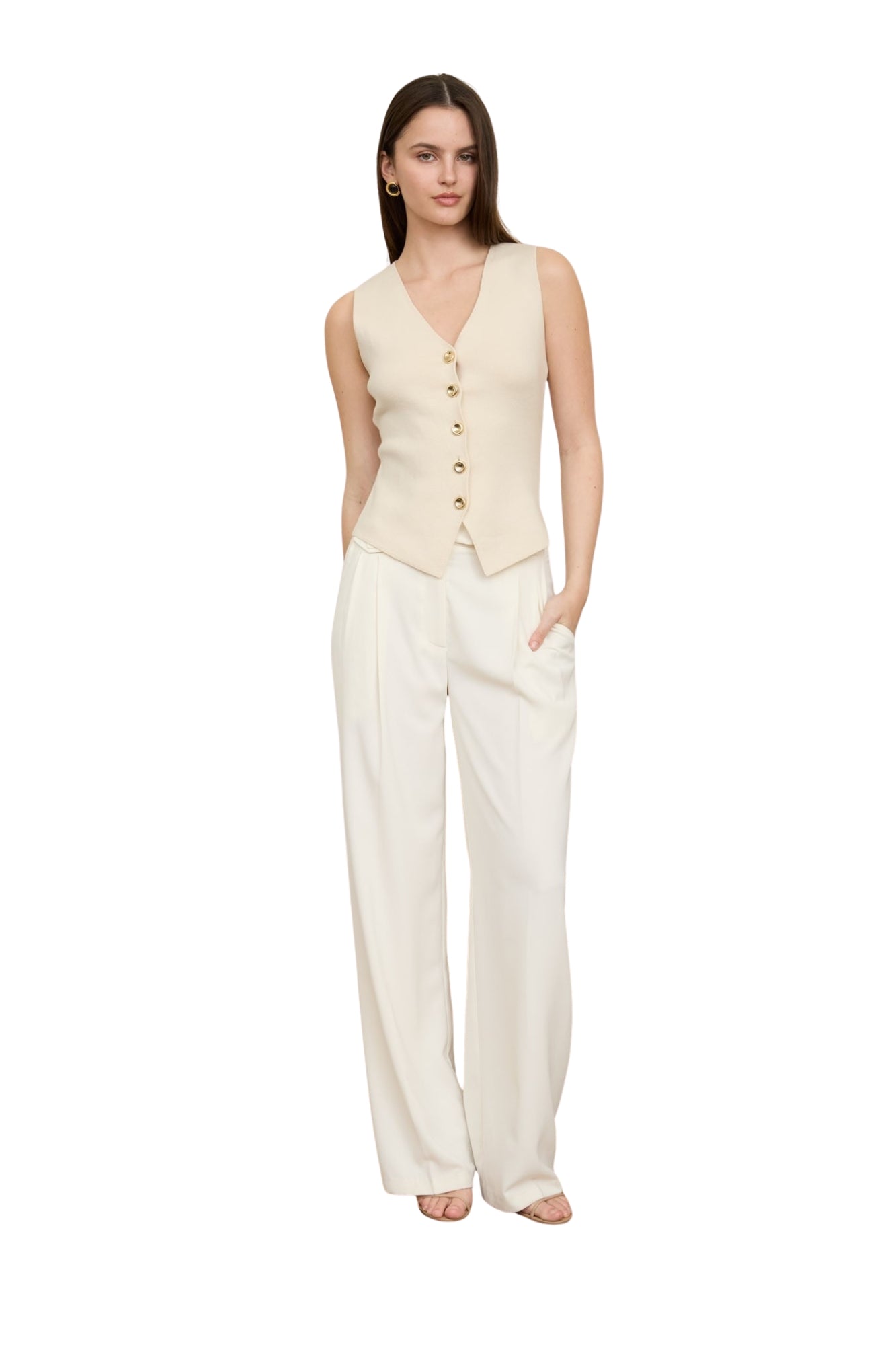 SEAMLESS GOLD BUTTON DOWN KNIT CARDIGAN VEST - CREAM
