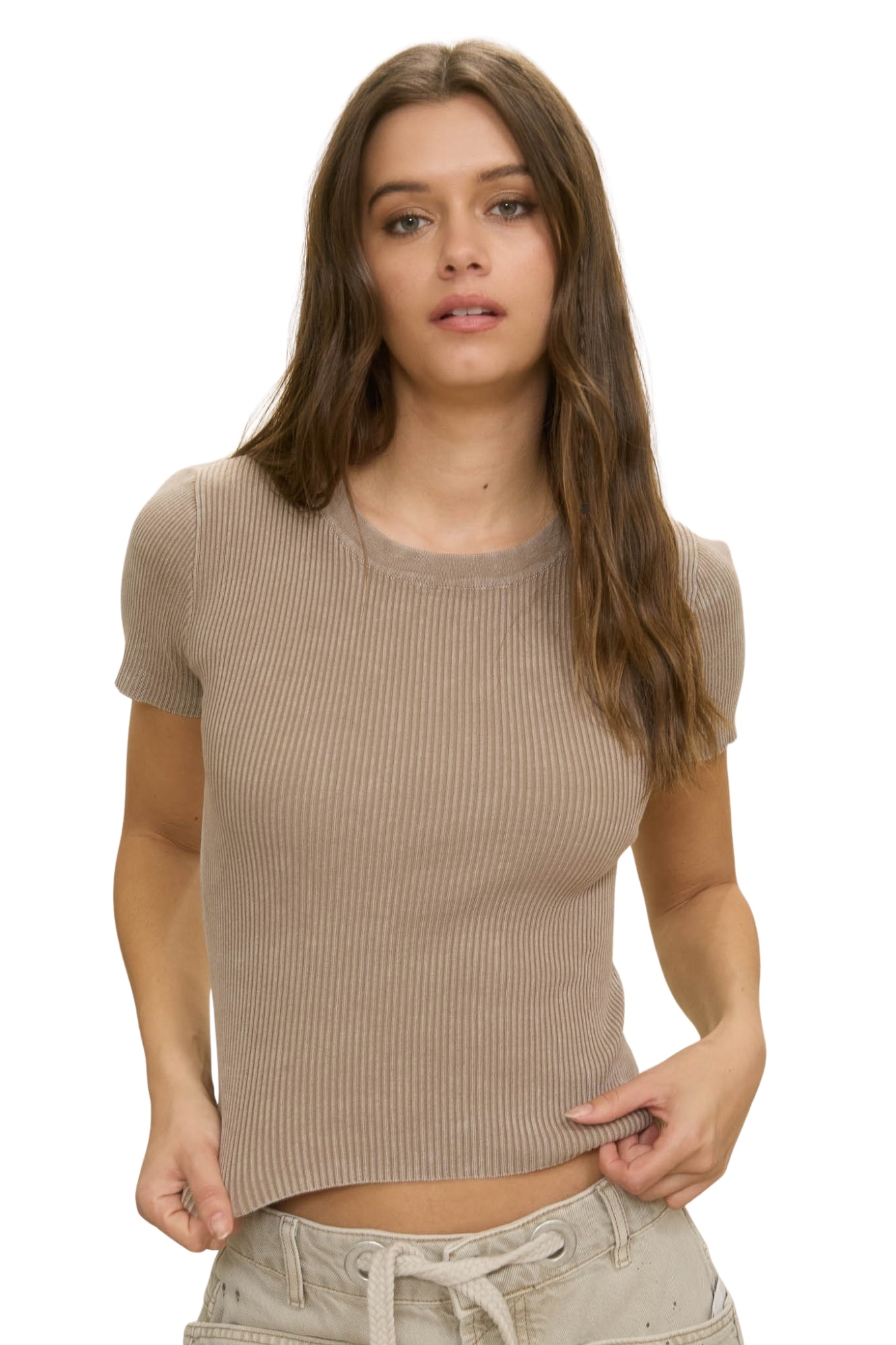 WASHED RIBBED CROPPED TEE - MOCHA