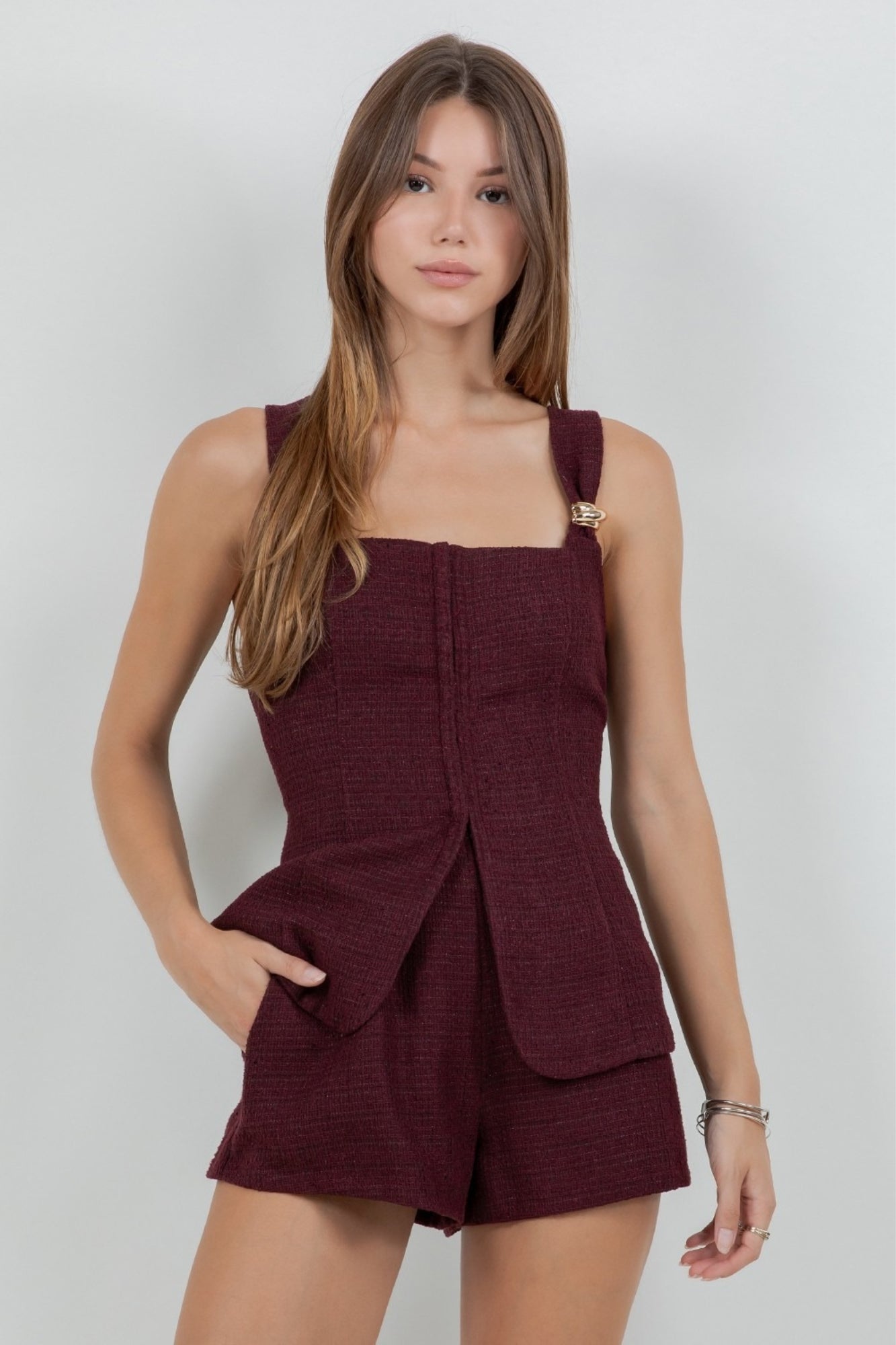 METAL TRIM CORSET TWEED TOP & SHORTS SET