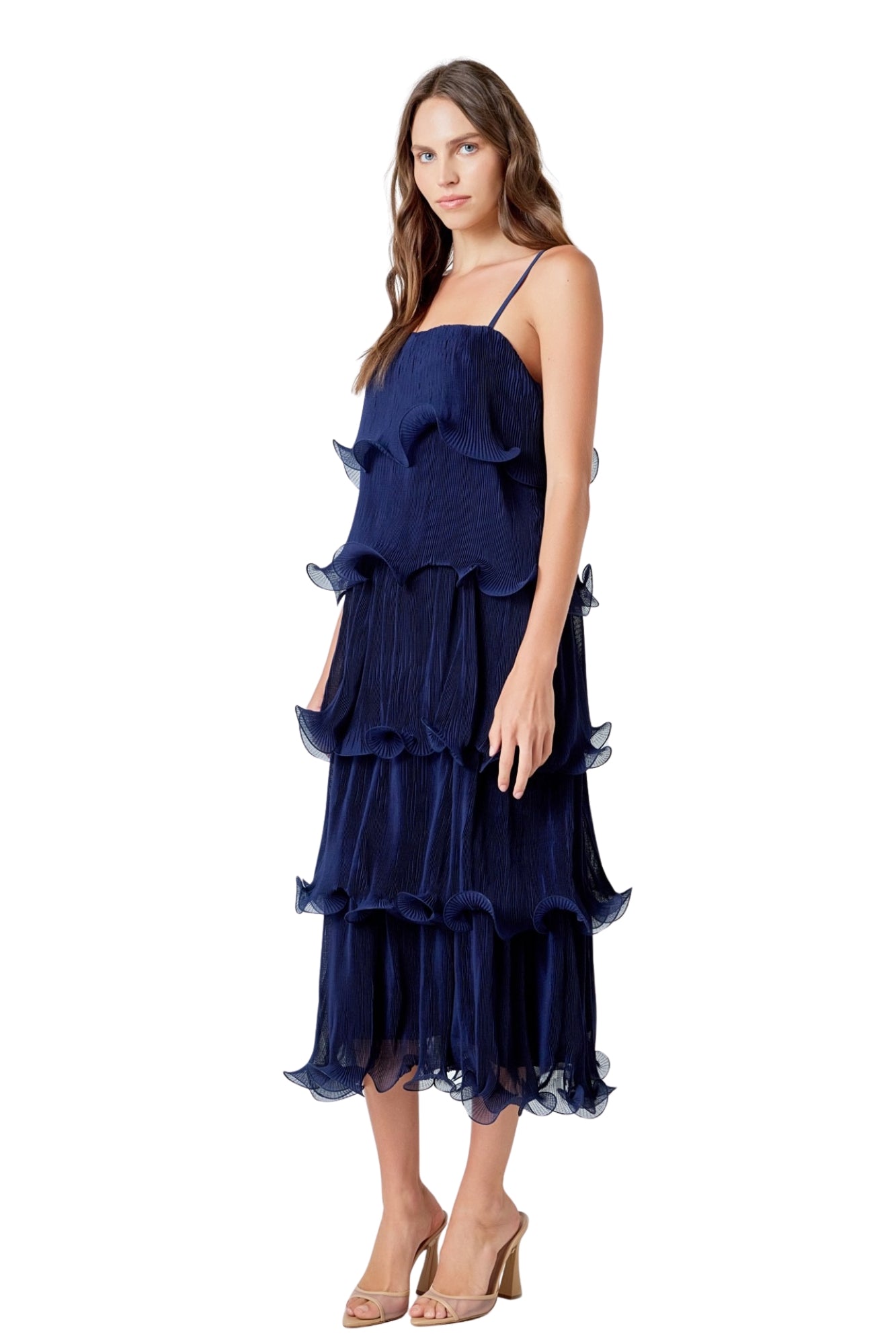 PLEATED TIERED MIDI DRESS