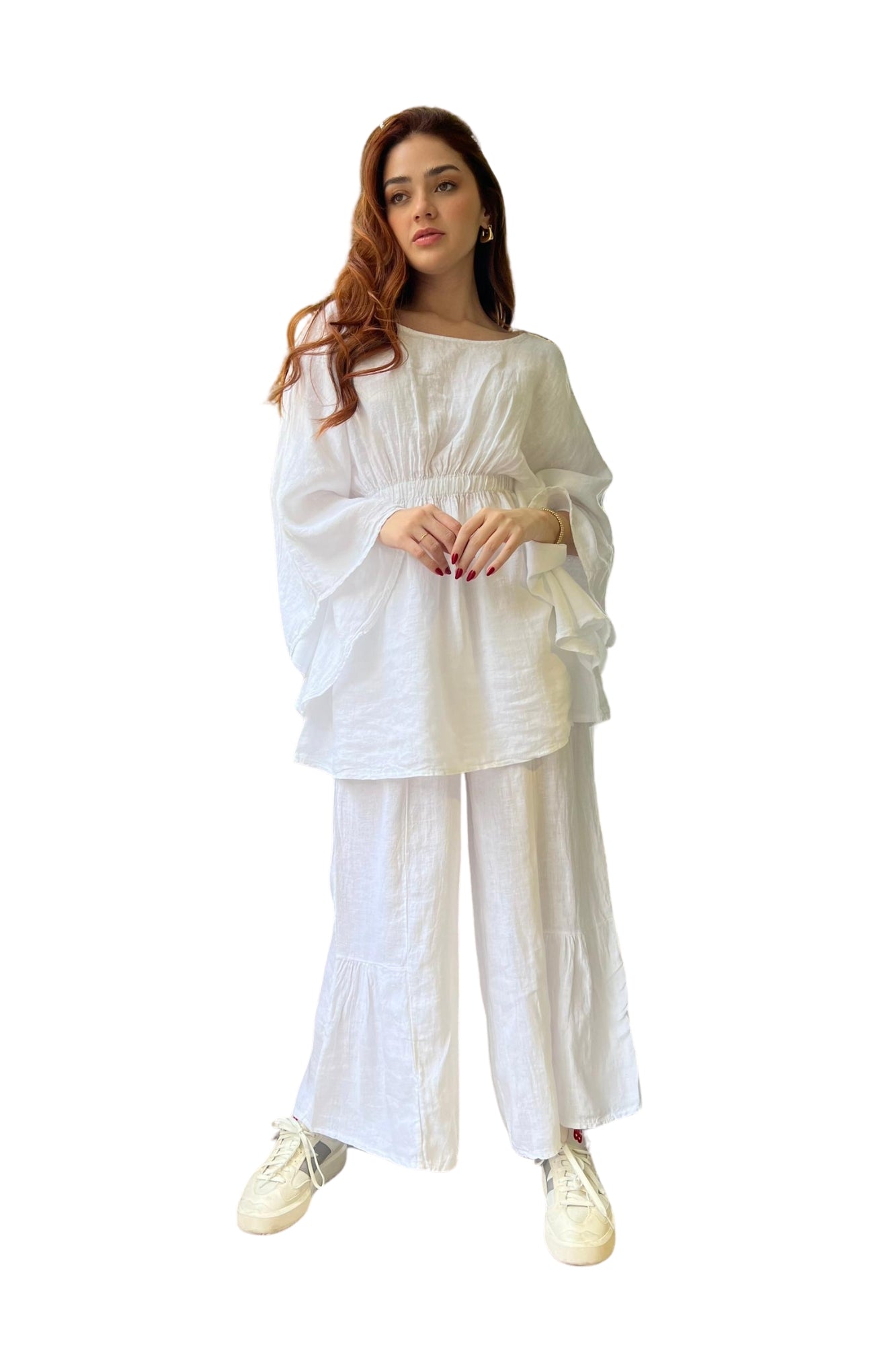 BATWING SHIRT & PANTS LINEN SET - WHITE