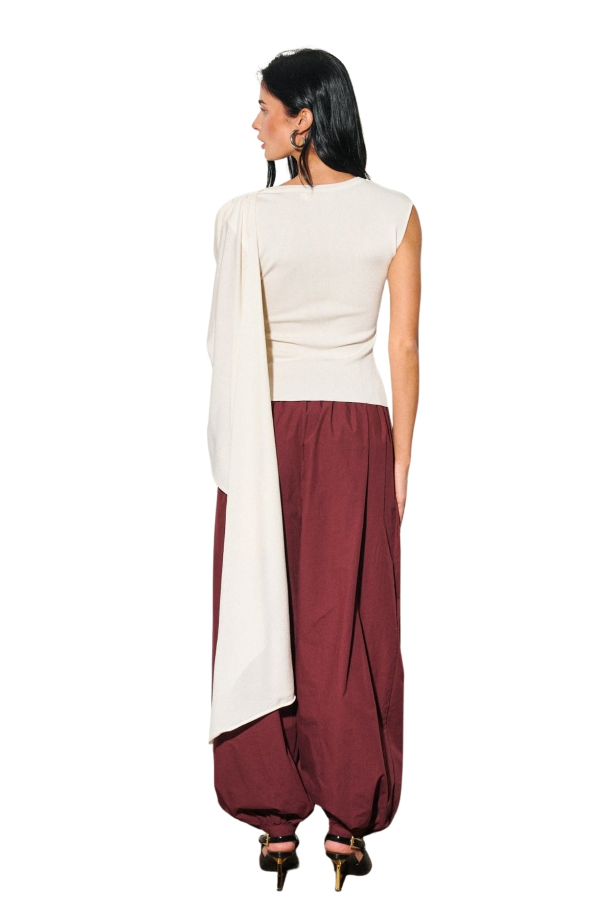 WOVEN DRAPED BALLOON HAREM PANTS - BURGUNDY