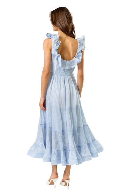 RUFFLE V-NECK SLEEVELESS MIDI DRESS