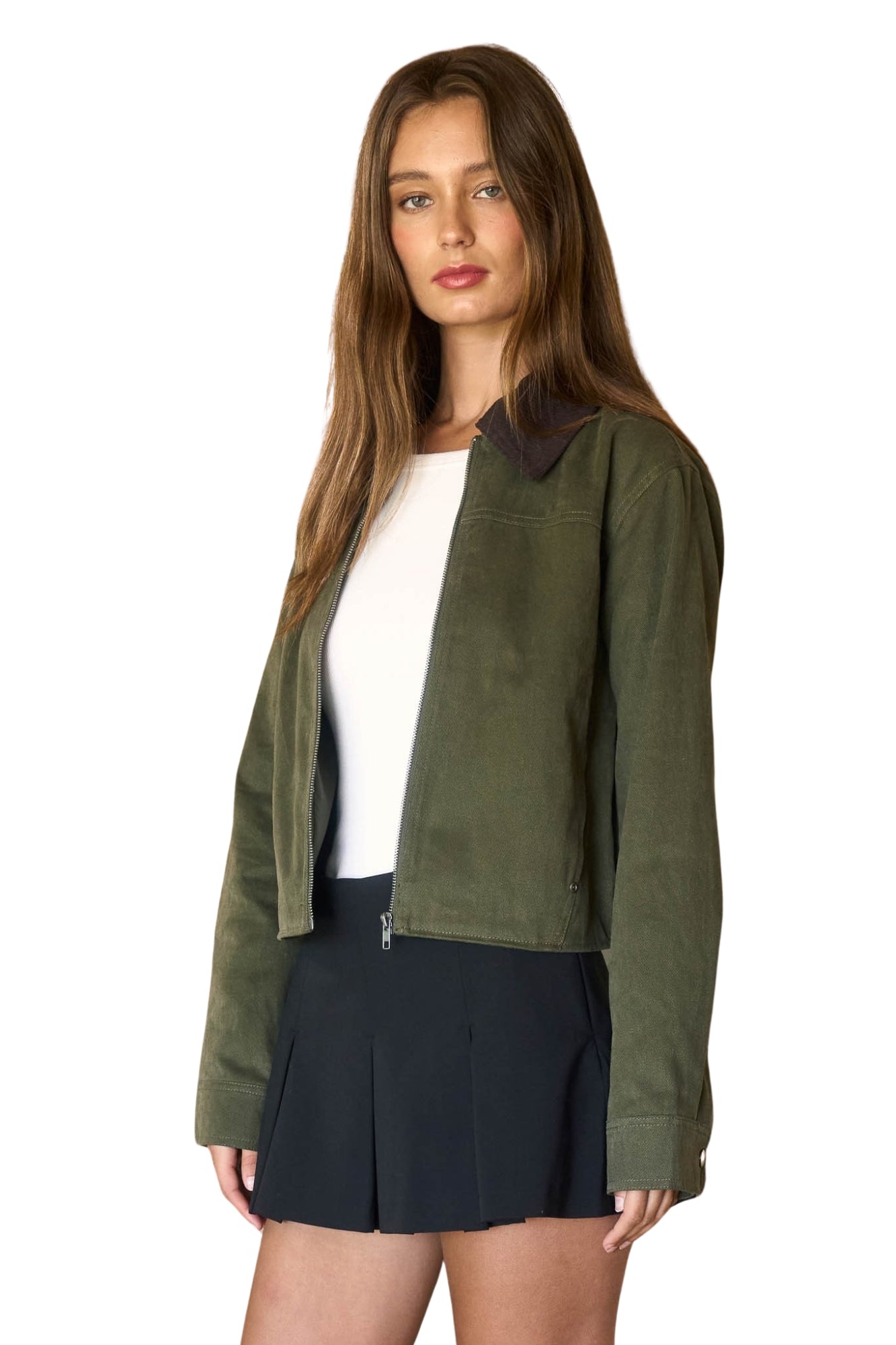 CONTRAST CORDUROY COLLAR ZIP UP JACKET