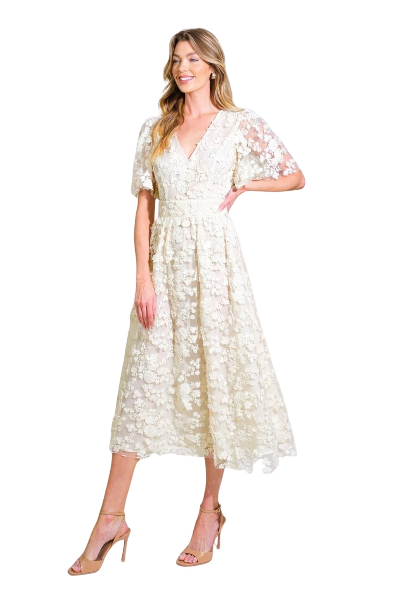 DREAMY BLOSSOM WOVEN LACE MIDI DRESS