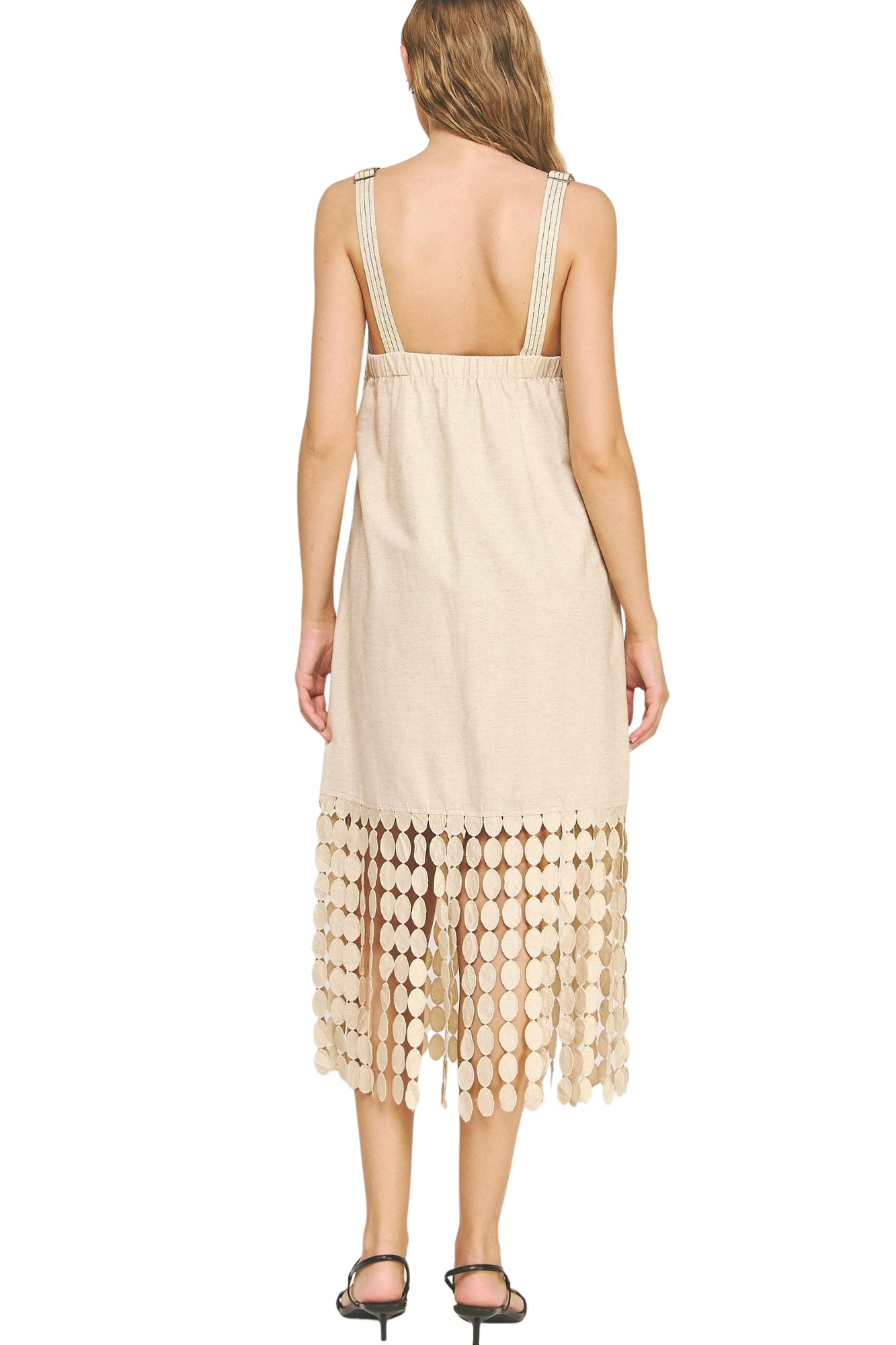 DOTTED LACE FRINGE LINEN MIDI DRESS