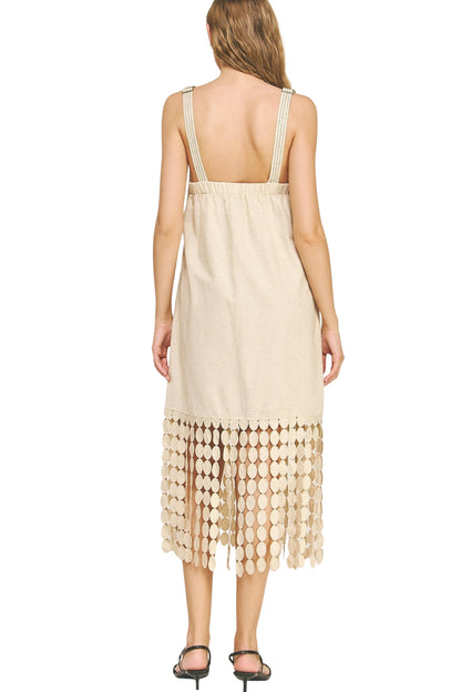 DOTTED LACE FRINGE LINEN MIDI DRESS