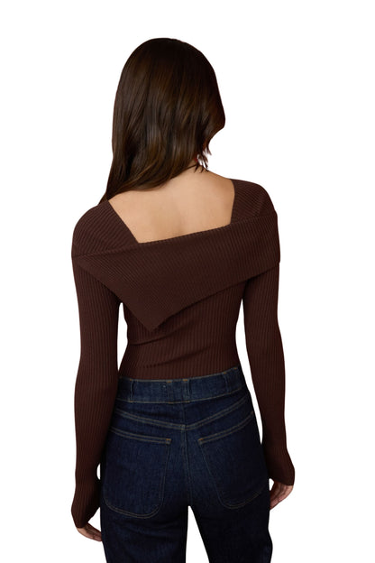 ASYMMETRICAL FOLD OVER SWEATER - BROWN