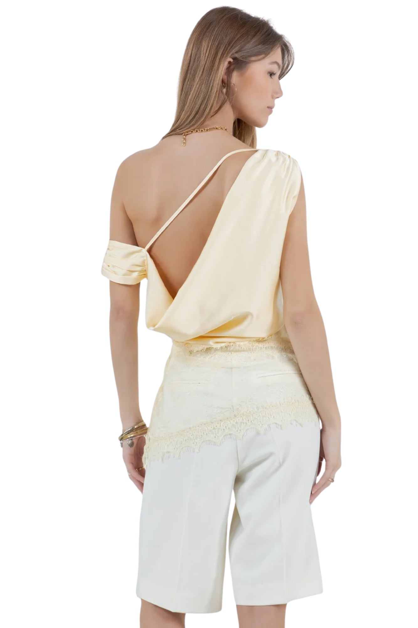 ASYMMETRICAL ONE SHOULDER SATIN LACE MIX TOP