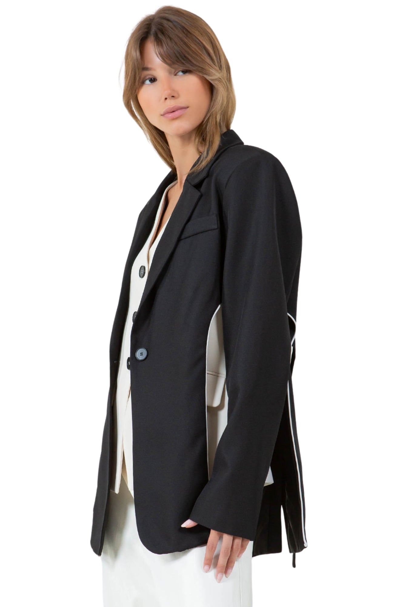 COMBINED CONTRASTED VEST & BLAZER - BLACK / IVORY