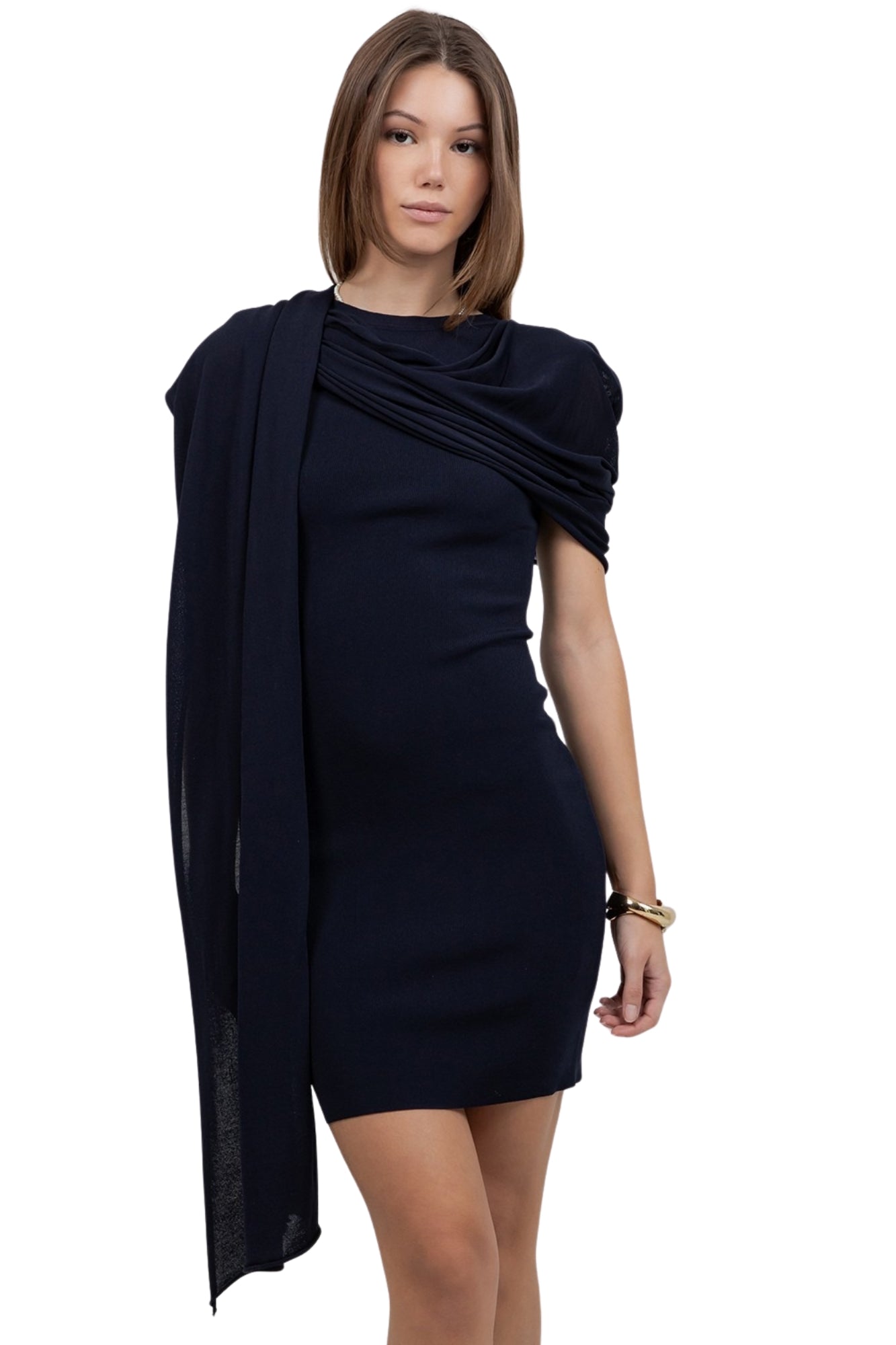 KNITTED SLEEVELESS DRESS WITH ASYMMETRICAL CAPE