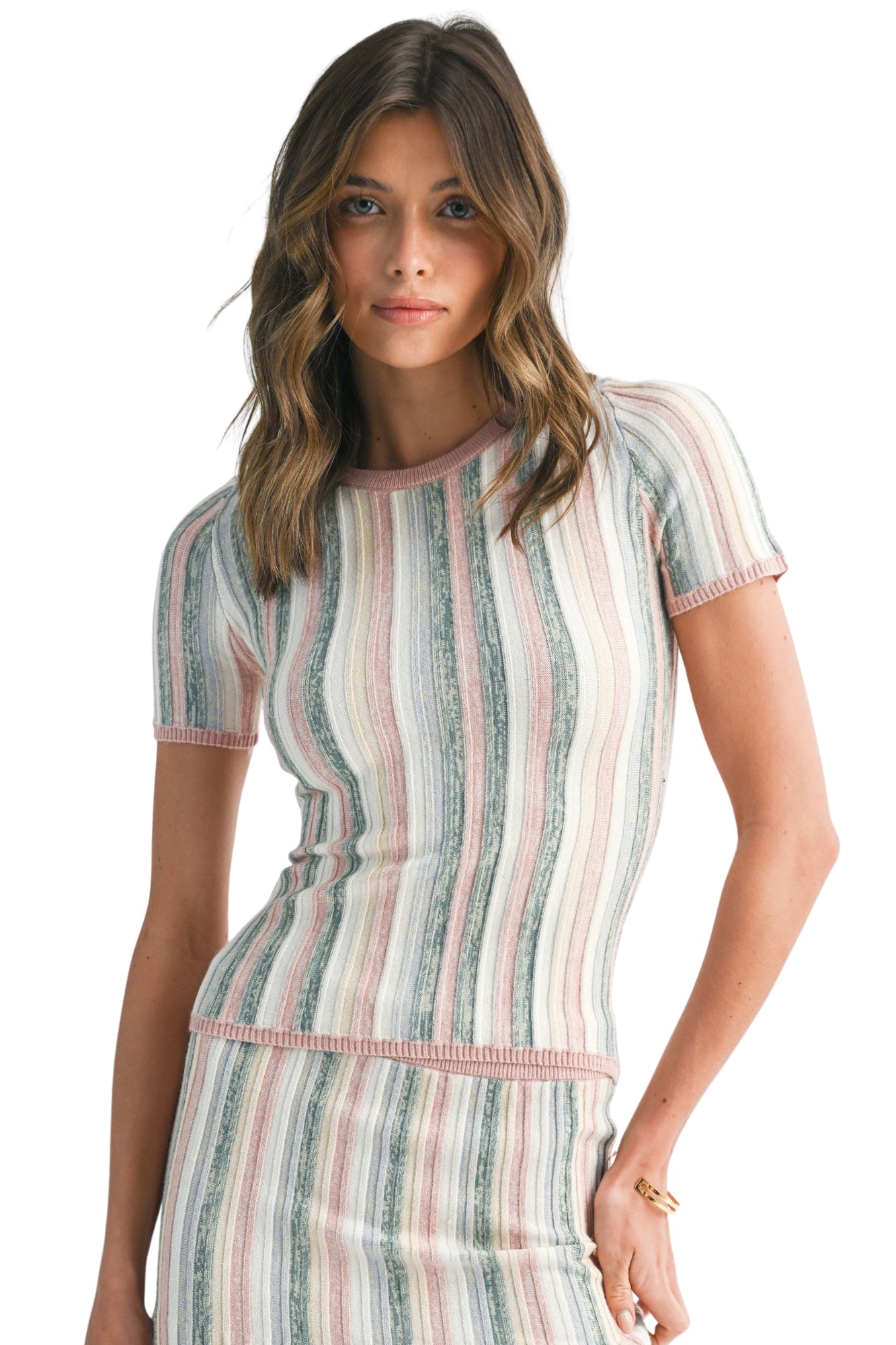 PASTEL STRIPE RIBBED KNIT TOP & MAXI SKIRT SET