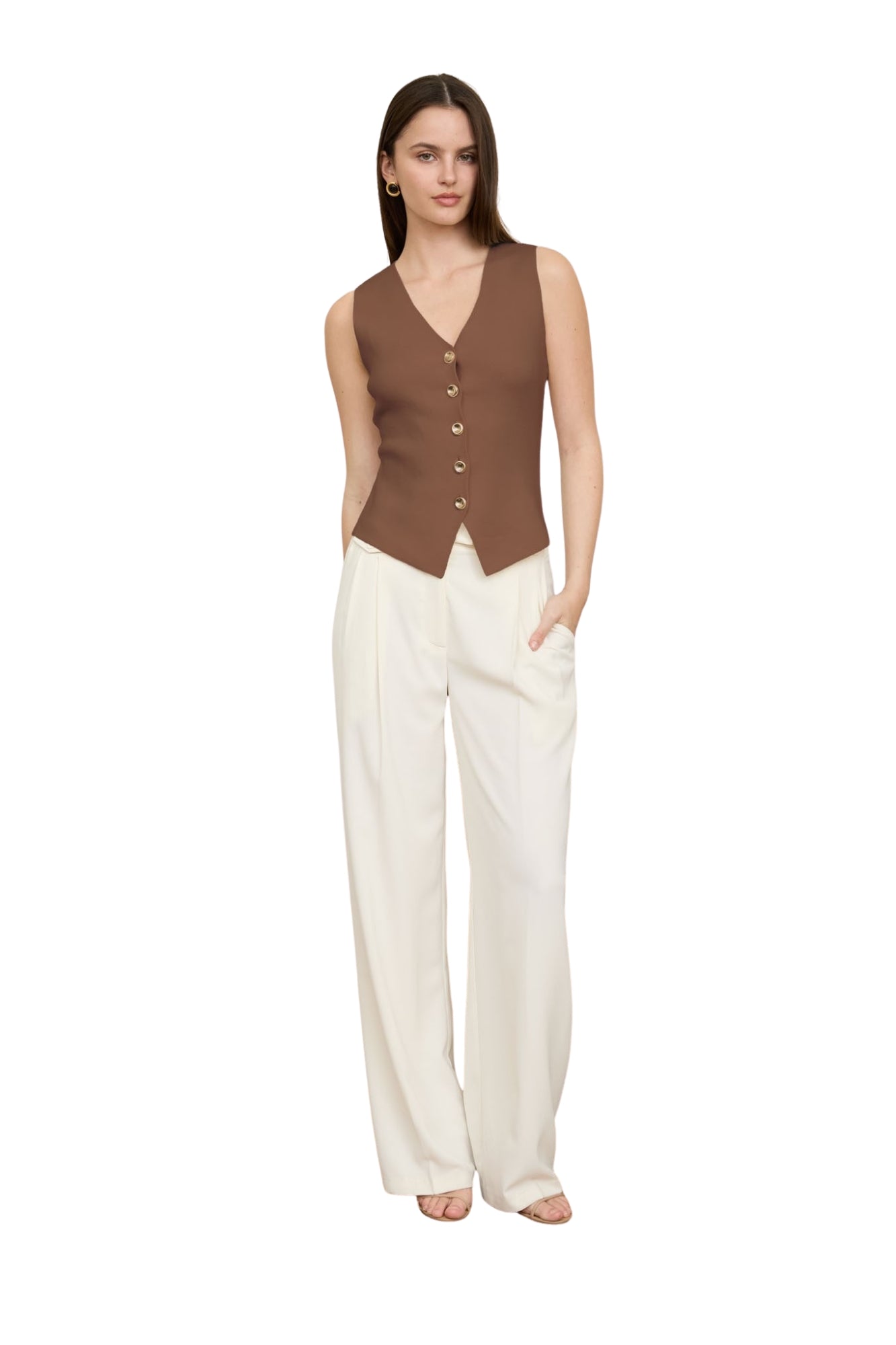 SEAMLESS GOLD BUTTON DOWN KNIT CARDIGAN VEST - BROWN