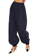 WOVEN DRAPED BALLOON HAREM PANTS - NAVY