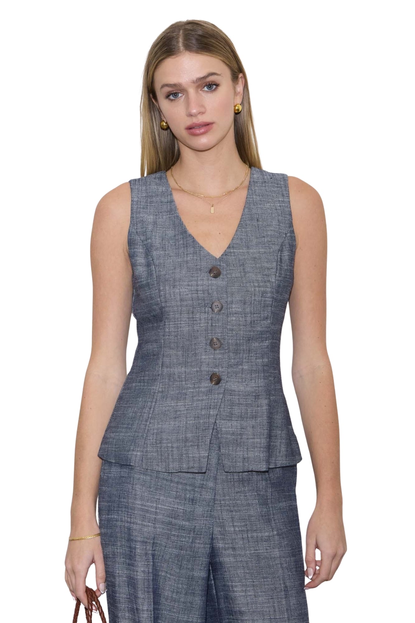 V-NECK VEST & STRAIGHT LEG PANTS LINEN SET - DENIM