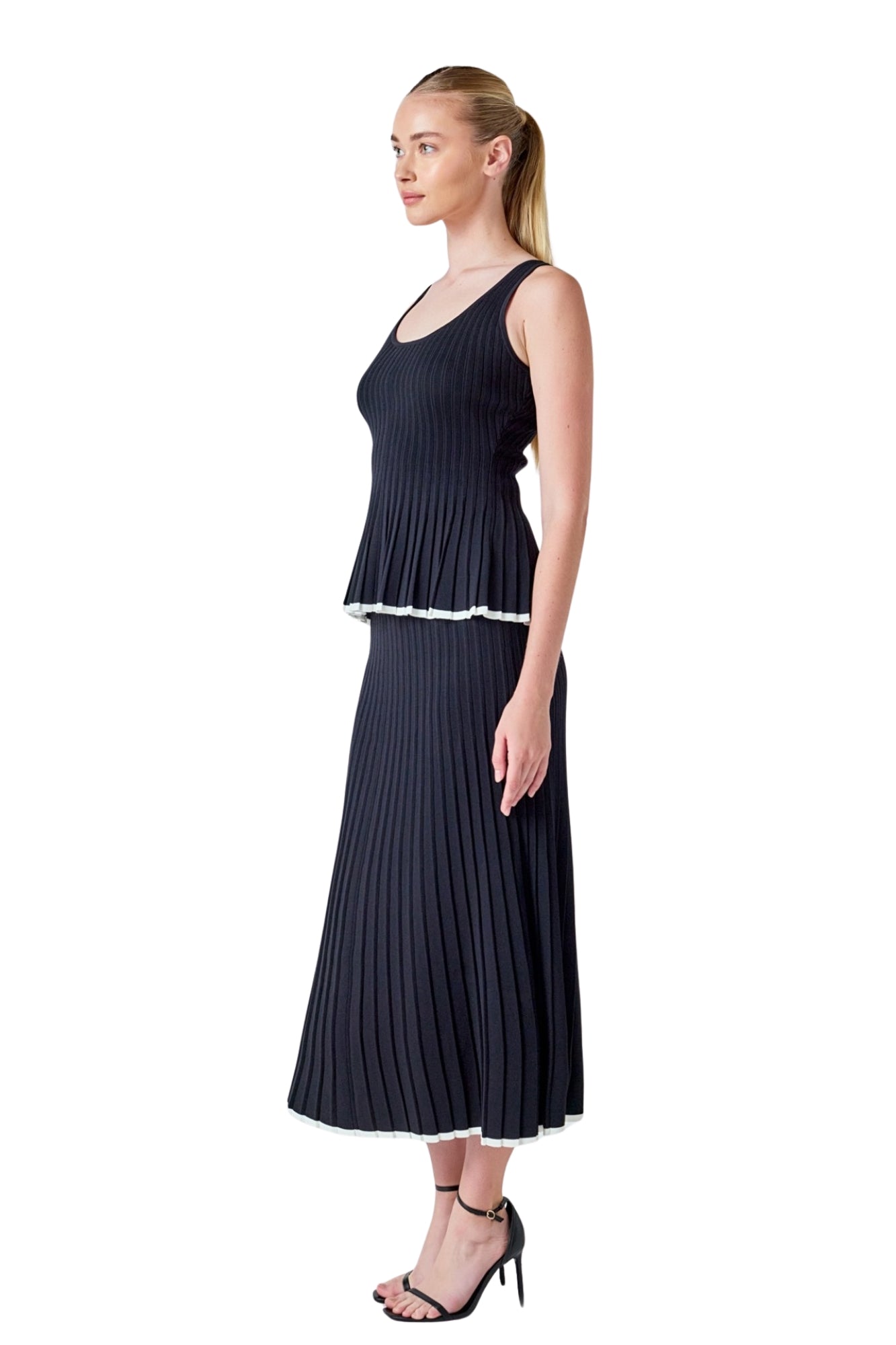 KNIT PLEATED SLEEVELES TOP & MIDI SKIRT SET