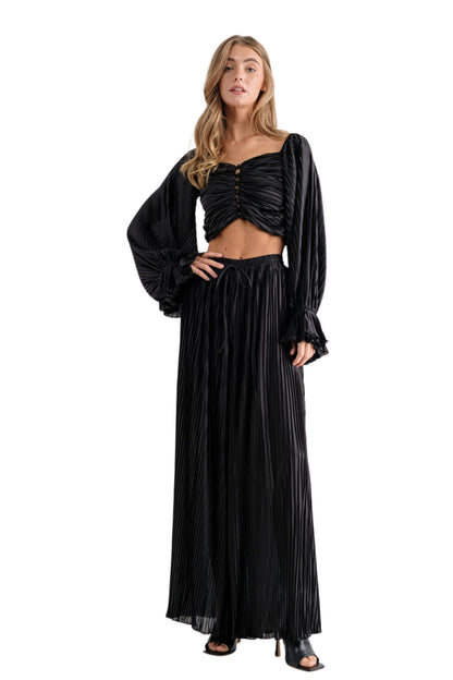 PLEATED BLOUSE WITH PANT SET - BLACK