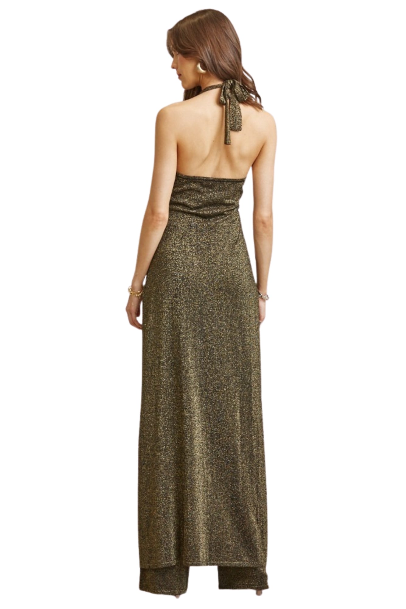 LUREX HALTER MAXI TOP & PANTS SET - BLACK/GOLD