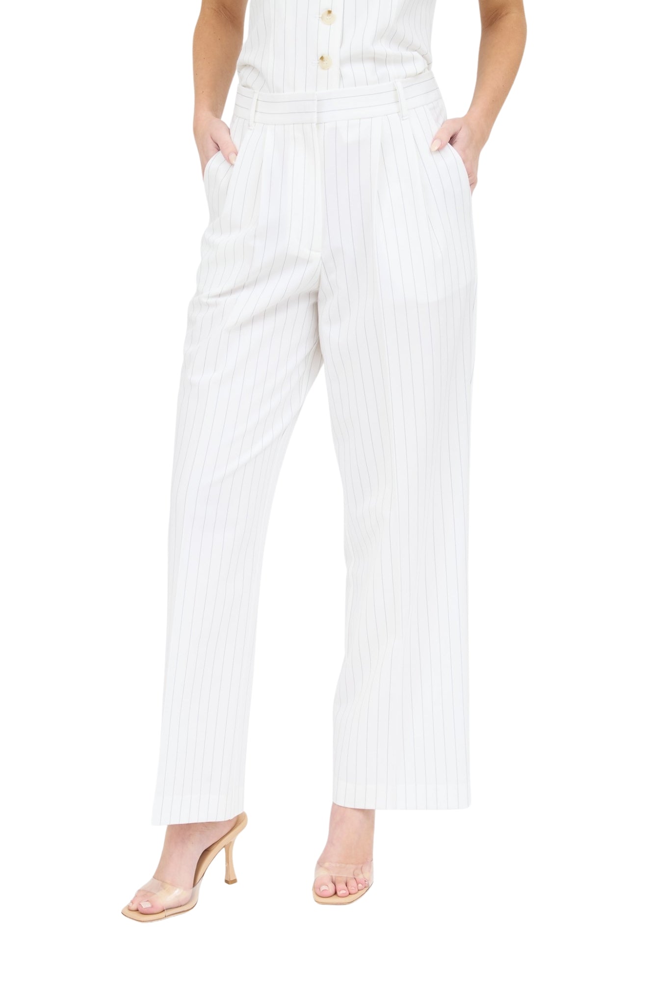 PINSTRIPE SQUARE NECK TOP & PLEATED WIDE LEG PANTS SET