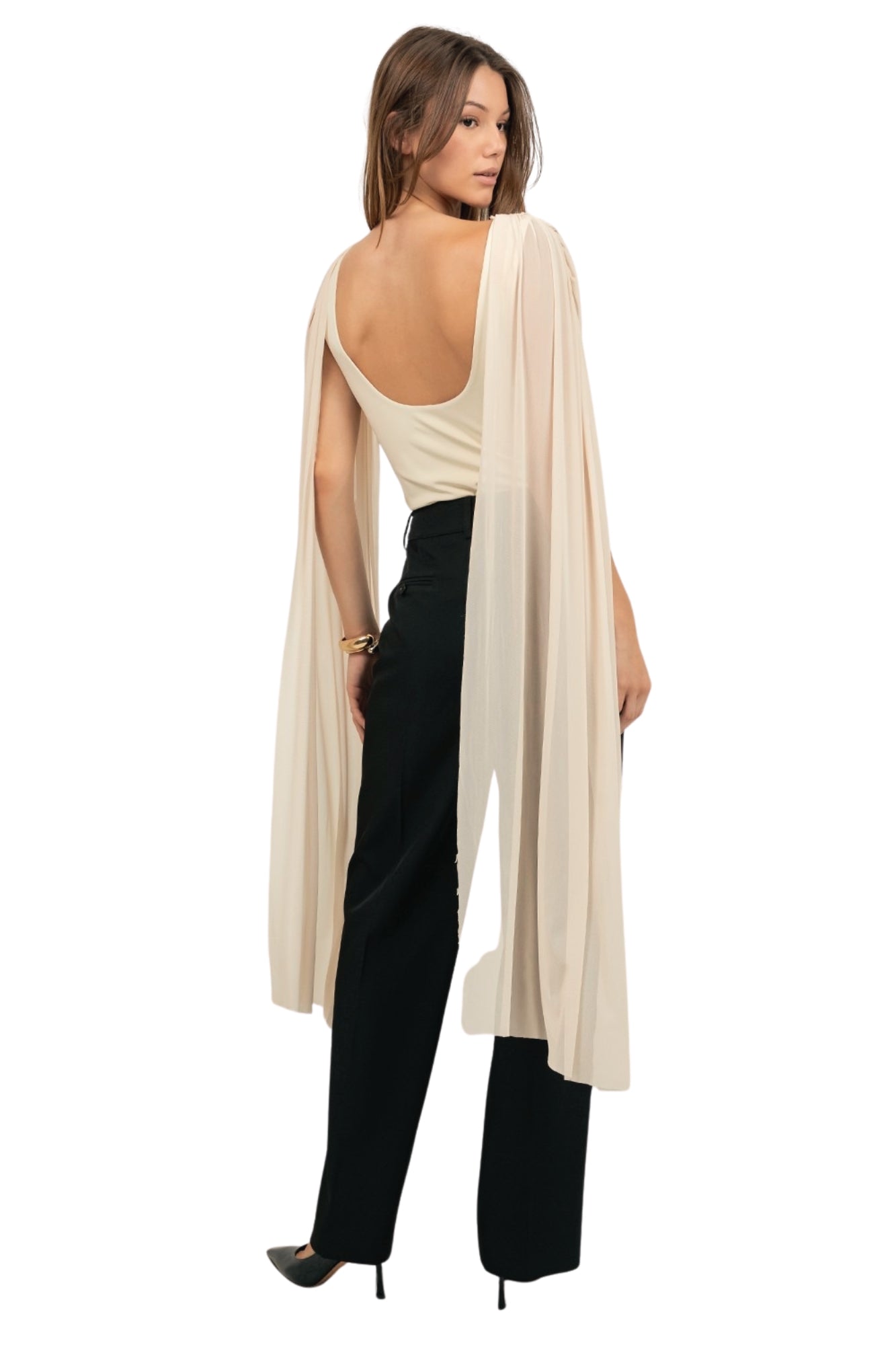 KNITTED BODYSUIT WITH CONTRAST MESH DRAPE CAPE