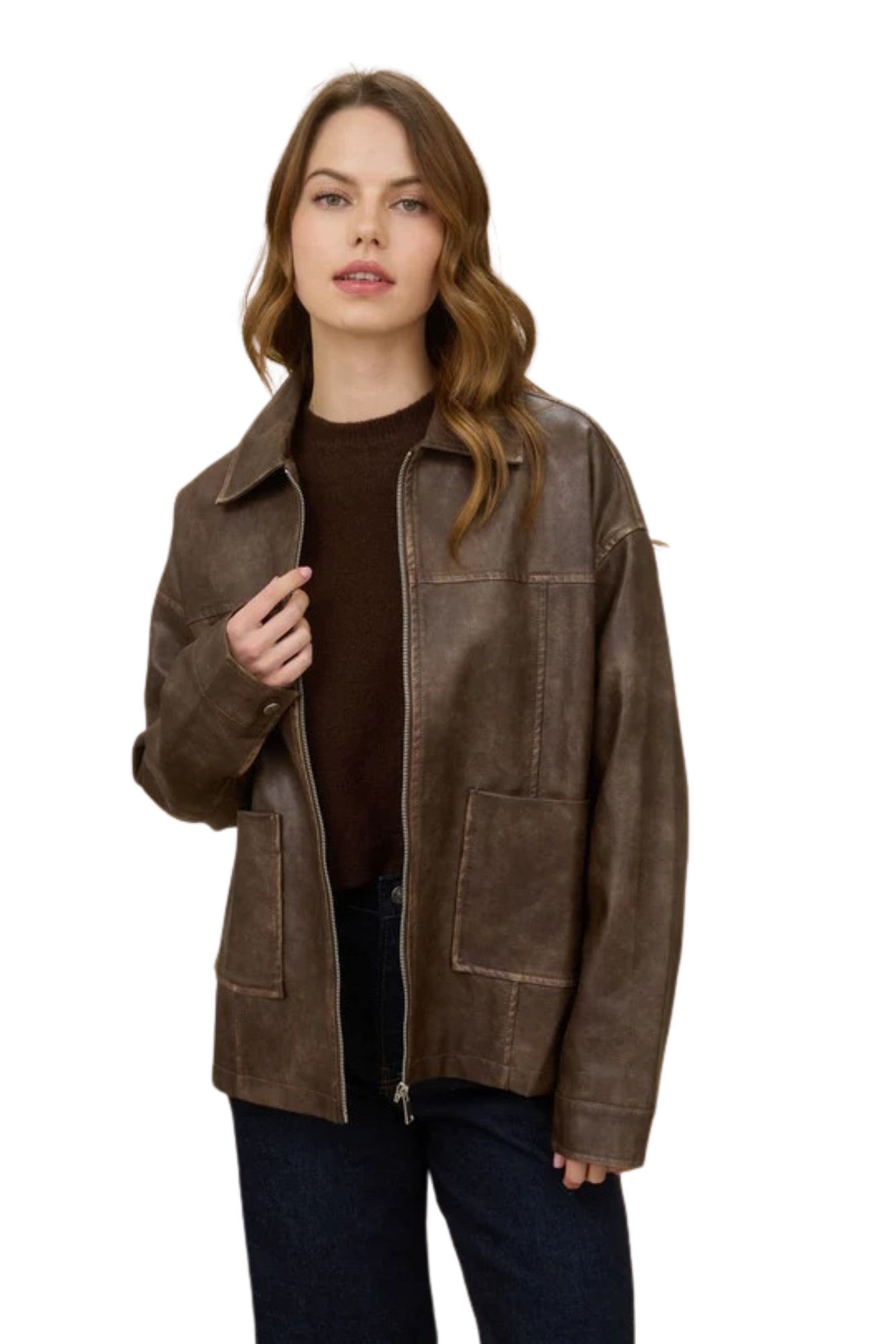 WASHED FAUX LEATHER OVERSIZE JACKET