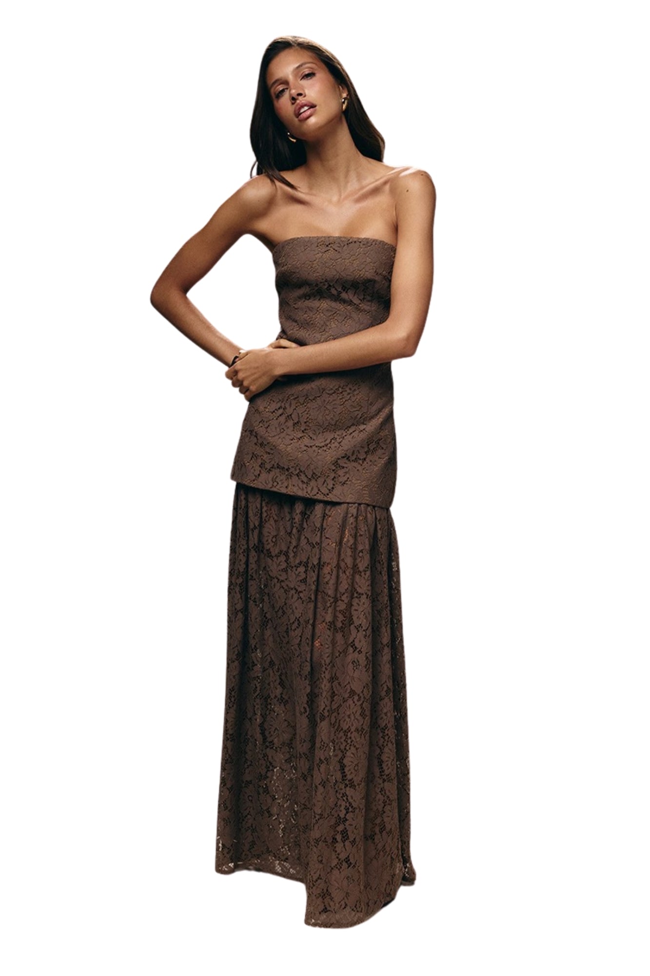 LACE SHEER STRAPLESS MAXI DRESS - BROWN