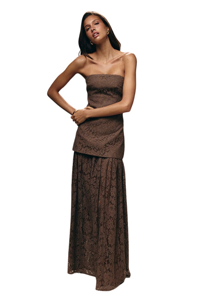 LACE SHEER STRAPLESS MAXI DRESS - BROWN