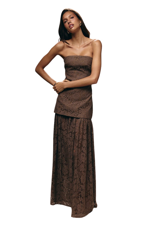LACE SHEER STRAPLESS MAXI DRESS - BROWN
