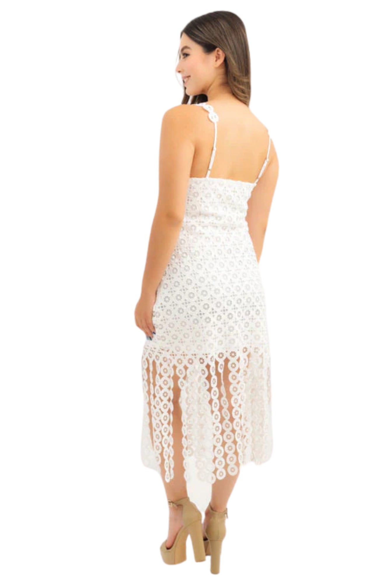 EYELET LACE FRINGE MIDI DRESS