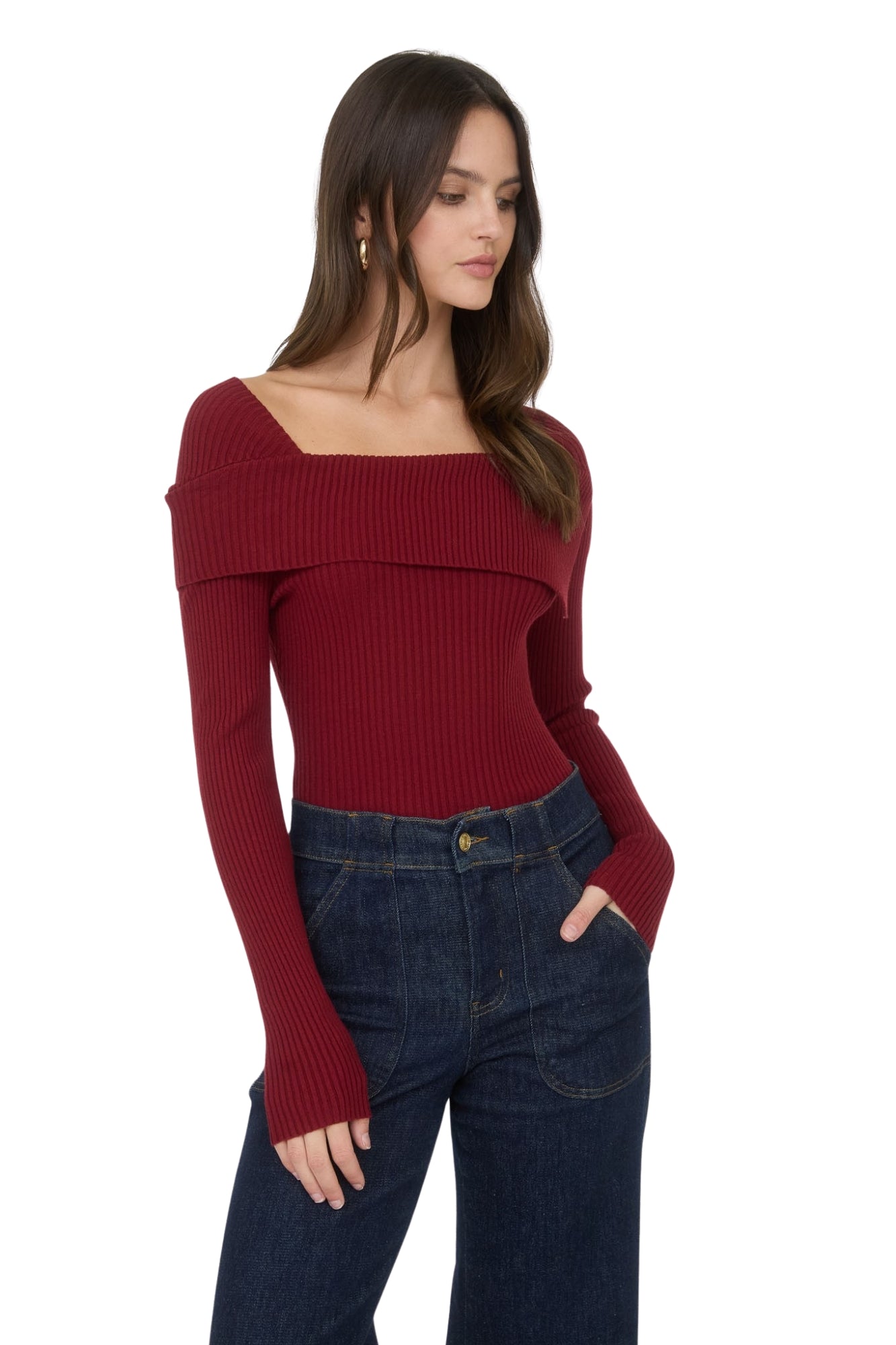 ASYMMETRICAL FOLD OVER SWEATER - RED