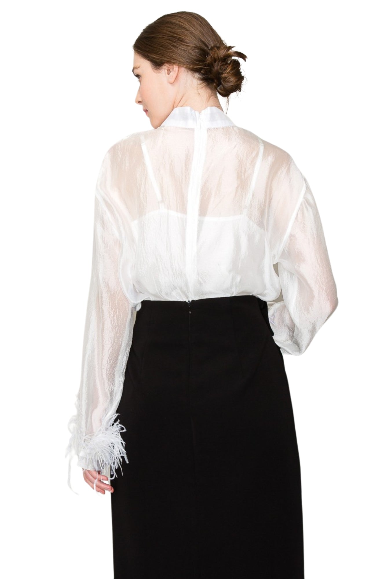 HIGH NECK LONG SLEEVE SHEER FEATHER TRIMMED BLOUSE